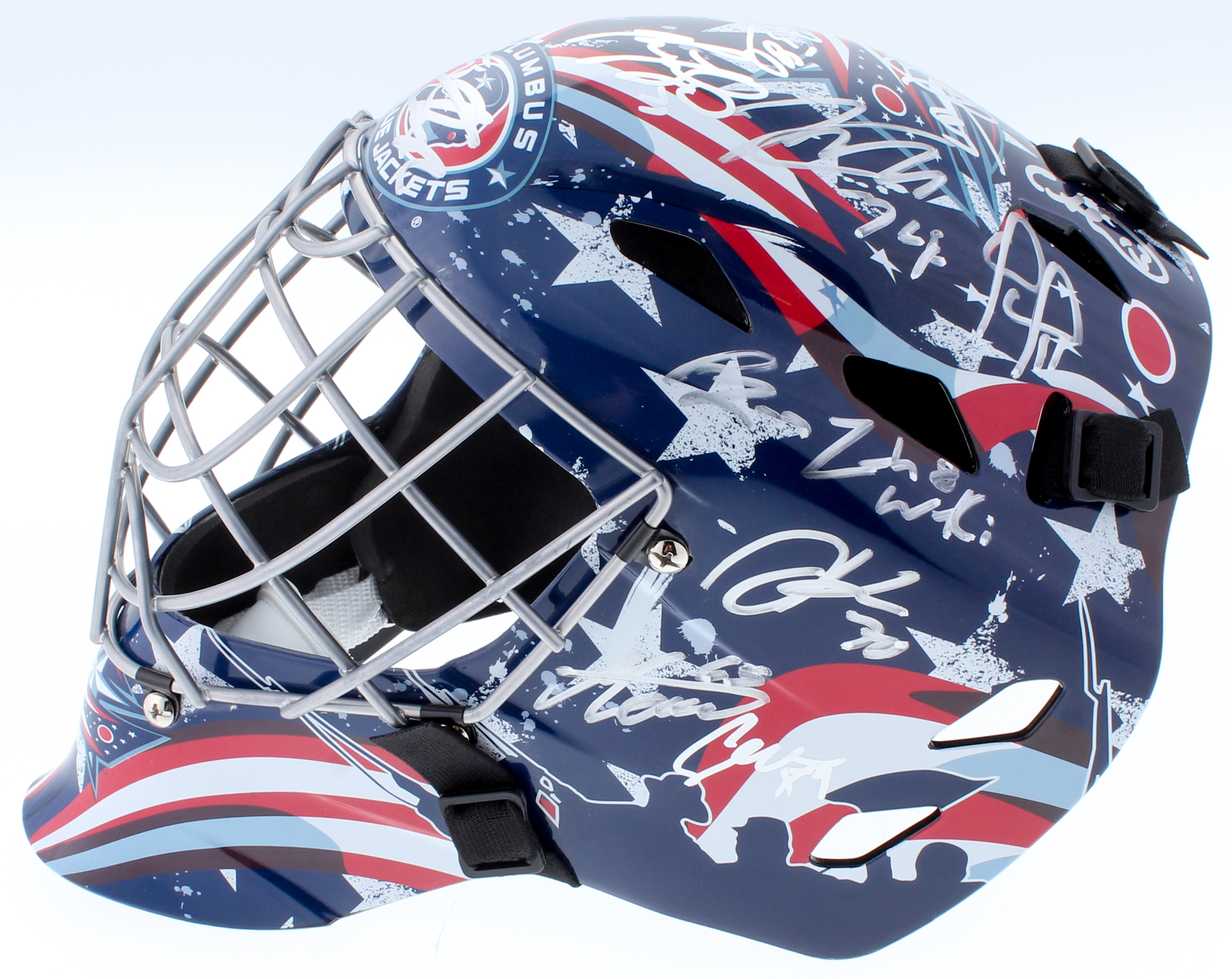 2016-17 Blue Jackets Full-Size Authentic On-Ice Goalie Mask Team-Signed by (22) With Cam Atkinson, Sergei Bobrovsky, Brandon Dubrinsky, Nick Foligno (JSA ALOA) at PristineAuction.com 2016-17 Blue Jackets Full-Size Authentic On-Ice Goalie Mask Team-Signed by (22) With Cam Atkinson, Sergei Bobrovsky, Brandon Dubrinsky, Nick Foligno (JSA ALOA) at PristineAuction.com