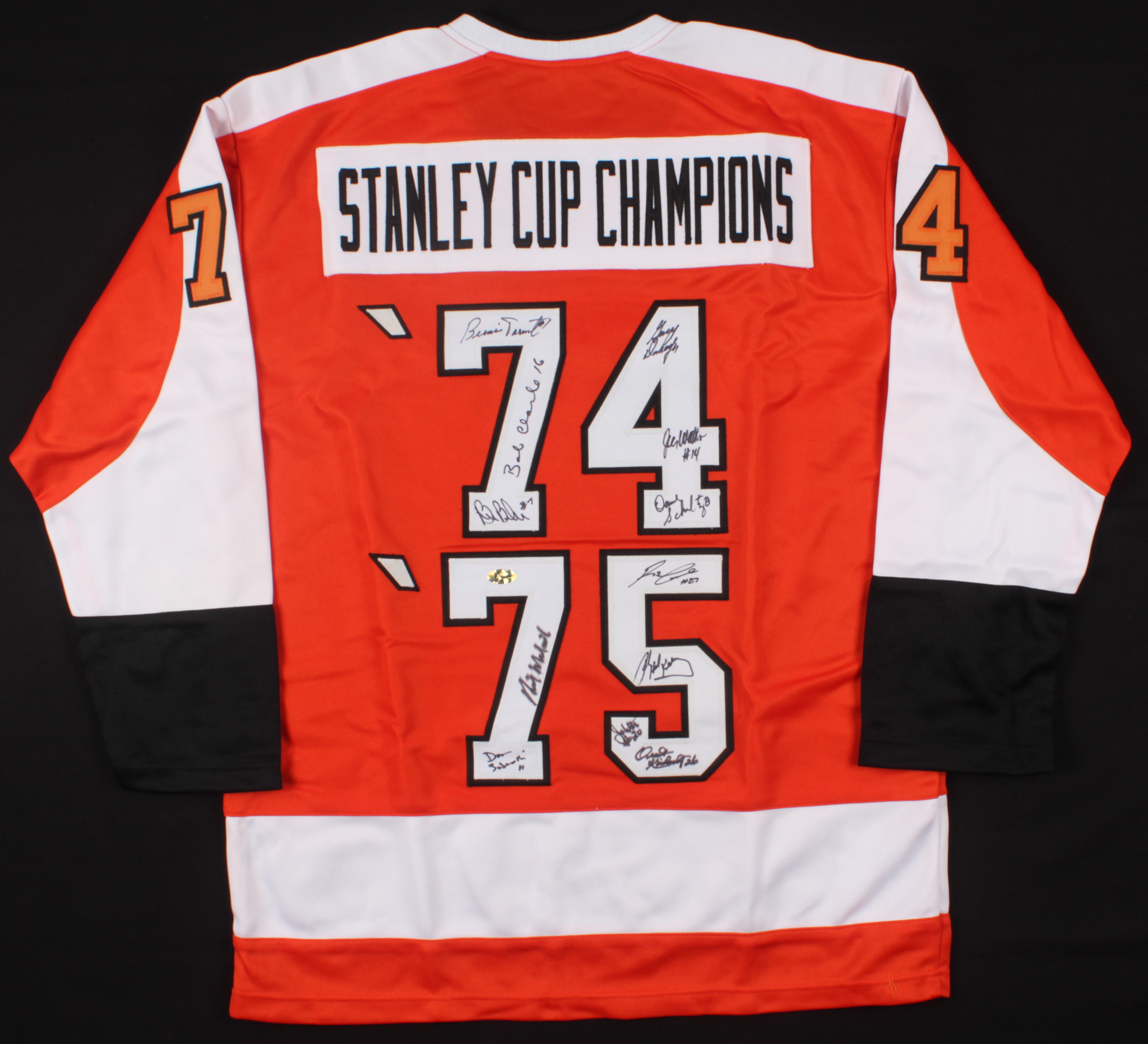 1974-1975 Flyers Stanley Cup Champions Jersey Signed by (12) with Bernie Parent, Bob Clarke, Bill Barber, Gary Dornhoefer (First Class Autographs COA) at PristineAuction.com 1974-1975 Flyers Stanley Cup Champions Jersey Signed by (12) with Bernie Parent, Bob Clarke, Bill Barber, Gary Dornhoefer (First Class Autographs COA) at PristineAuction.com
