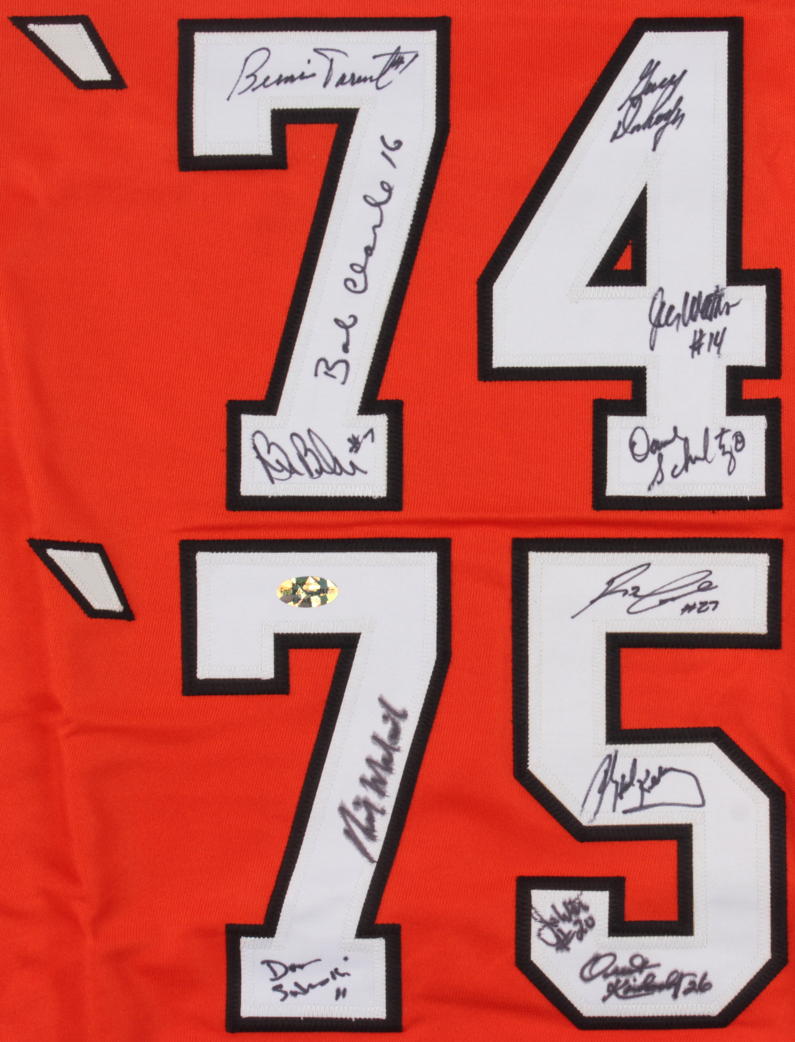 1974-1975 Flyers Stanley Cup Champions Jersey Signed by (12) with Bernie Parent, Bob Clarke, Bill Barber, Gary Dornhoefer (First Class Autographs COA) at PristineAuction.com 1974-1975 Flyers Stanley Cup Champions Jersey Signed by (12) with Bernie Parent, Bob Clarke, Bill Barber, Gary Dornhoefer (First Class Autographs COA) at PristineAuction.com