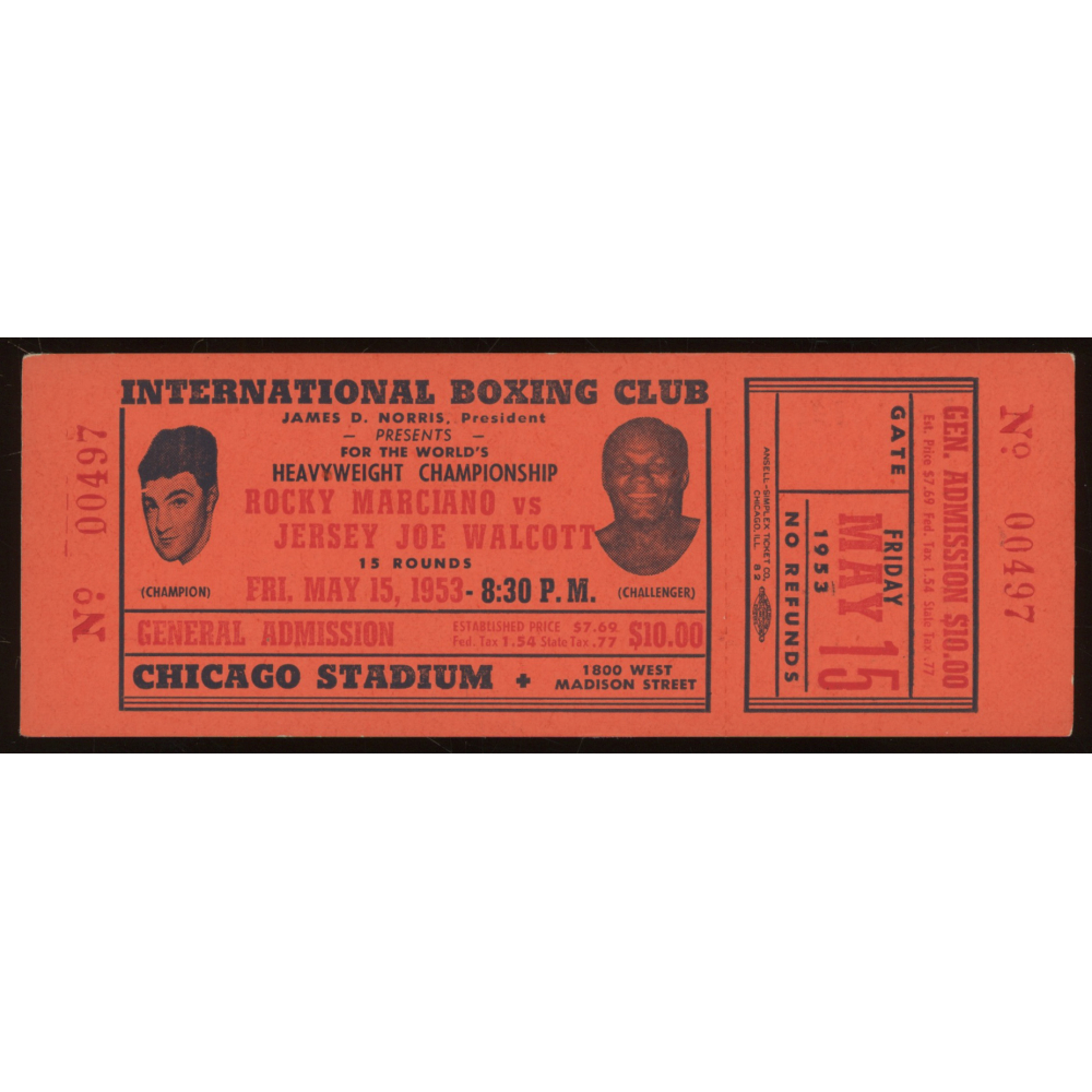 Unused 1953 Rocky Marciano vs. Jersey Joe Walcott Boxing Match Ticket