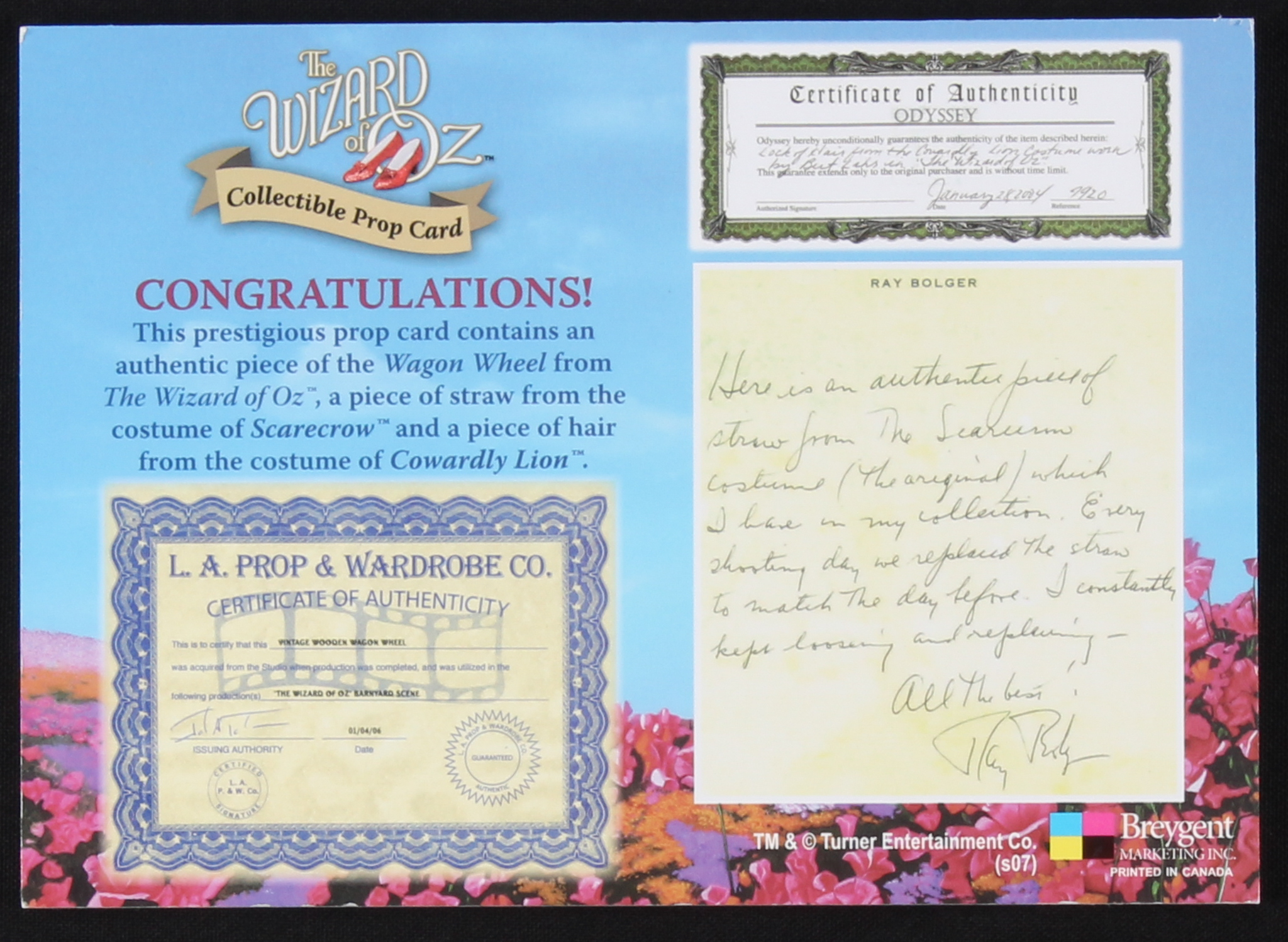 "Wizard of Oz" Prop Card Display With Piece of Wagon Wheel, Straw From Scarecrow & Hair From Lion (Odyssey COA) at PristineAuction.com "Wizard of Oz" Prop Card Display With Piece of Wagon Wheel, Straw From Scarecrow & Hair From Lion (Odyssey COA) at PristineAuction.com