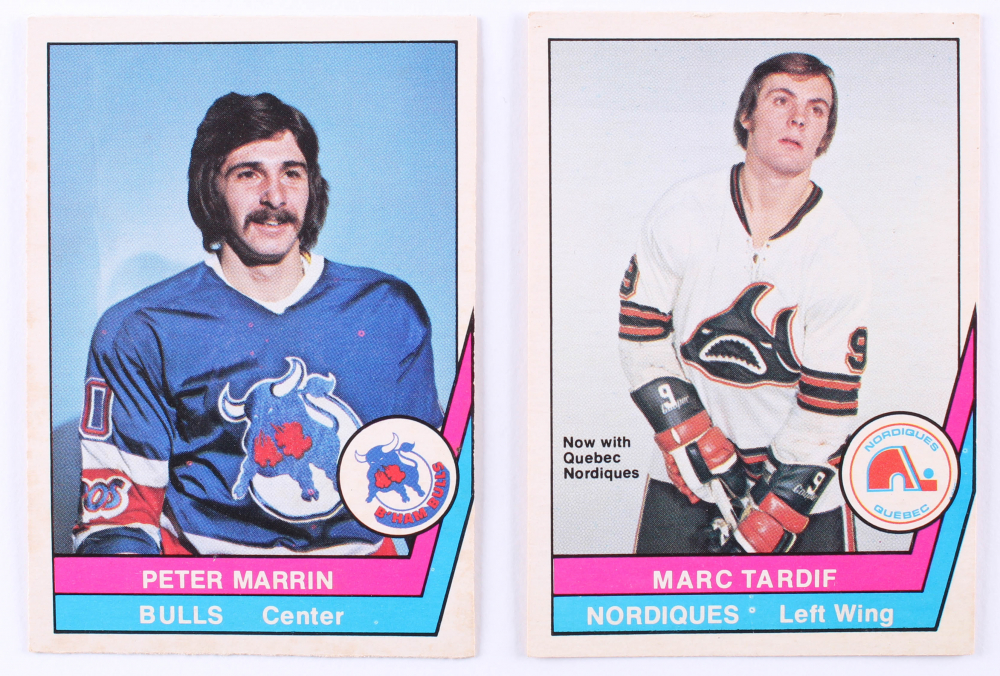 Lot of (2) 1977-78 O-Pee-Chee WHA Hockey Cards with #20 Marc Tardif & #51 Peter Marrin