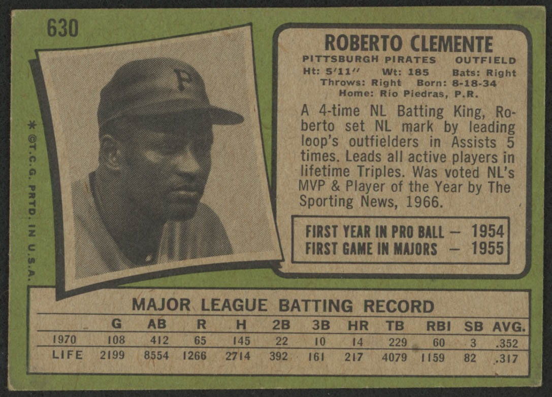 1971 Topps #630 Roberto Clemente at PristineAuction.com 1971 Topps #630 Roberto Clemente at PristineAuction.com
