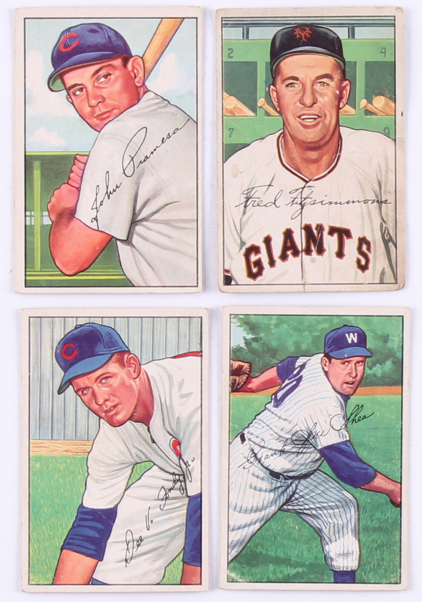 Lot of (4) 1952 Bowman Baseball Cards With #230 Frank Shea, #247 Johnny Pramesa, #231 Dee Fondy RC, #234 Fred Fitzsimmons at PristineAuction.com Lot of (4) 1952 Bowman Baseball Cards With #230 Frank Shea, #247 Johnny Pramesa, #231 Dee Fondy RC, #234 Fred Fitzsimmons at PristineAuction.com