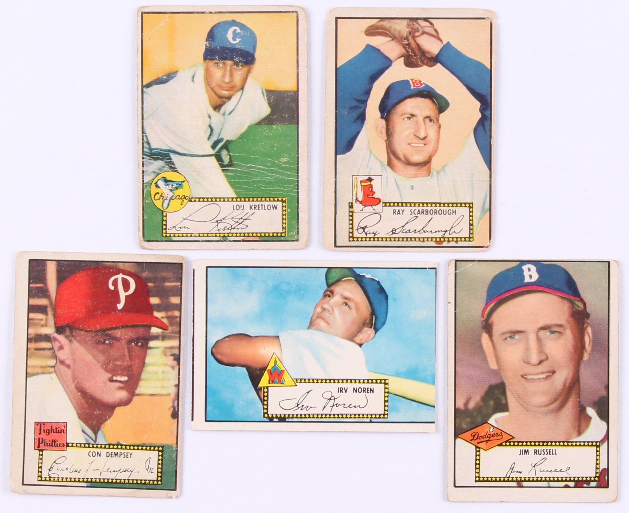 Lot of (5) 1952 Topps Baseball Cards With #51A Jim Russell Black, #44A Con Dempsey Black RC, #40 Irv Noren, #43 Ray Scarborough, #42 Lou Kretlow RC at PristineAuction.com Lot of (5) 1952 Topps Baseball Cards With #51A Jim Russell Black, #44A Con Dempsey Black RC, #40 Irv Noren, #43 Ray Scarborough, #42 Lou Kretlow RC at PristineAuction.com