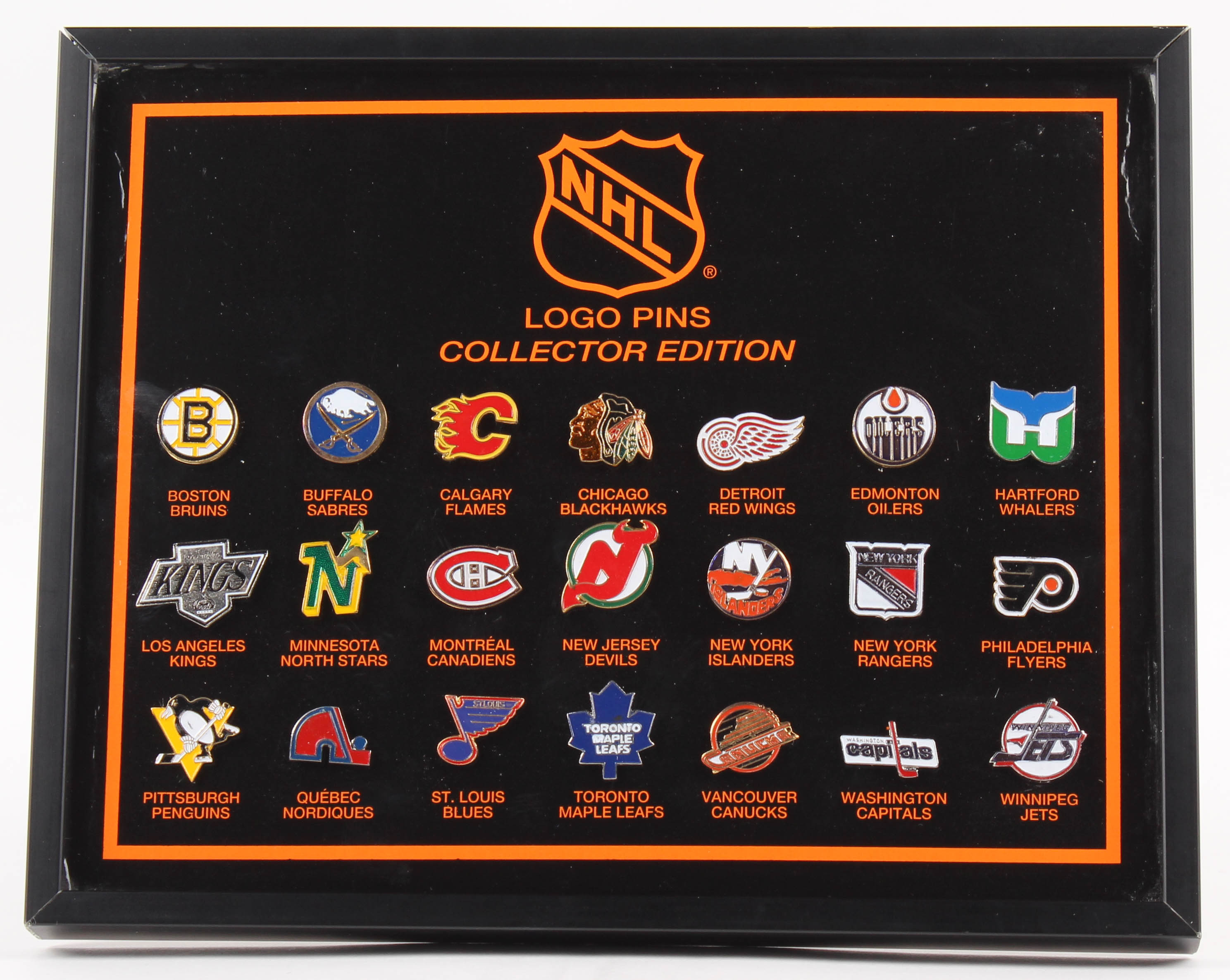 Vintage NHL Team Logo Pins 8.5x10.5 Display Case at PristineAuction.com Vintage NHL Team Logo Pins 8.5x10.5 Display Case at PristineAuction.com