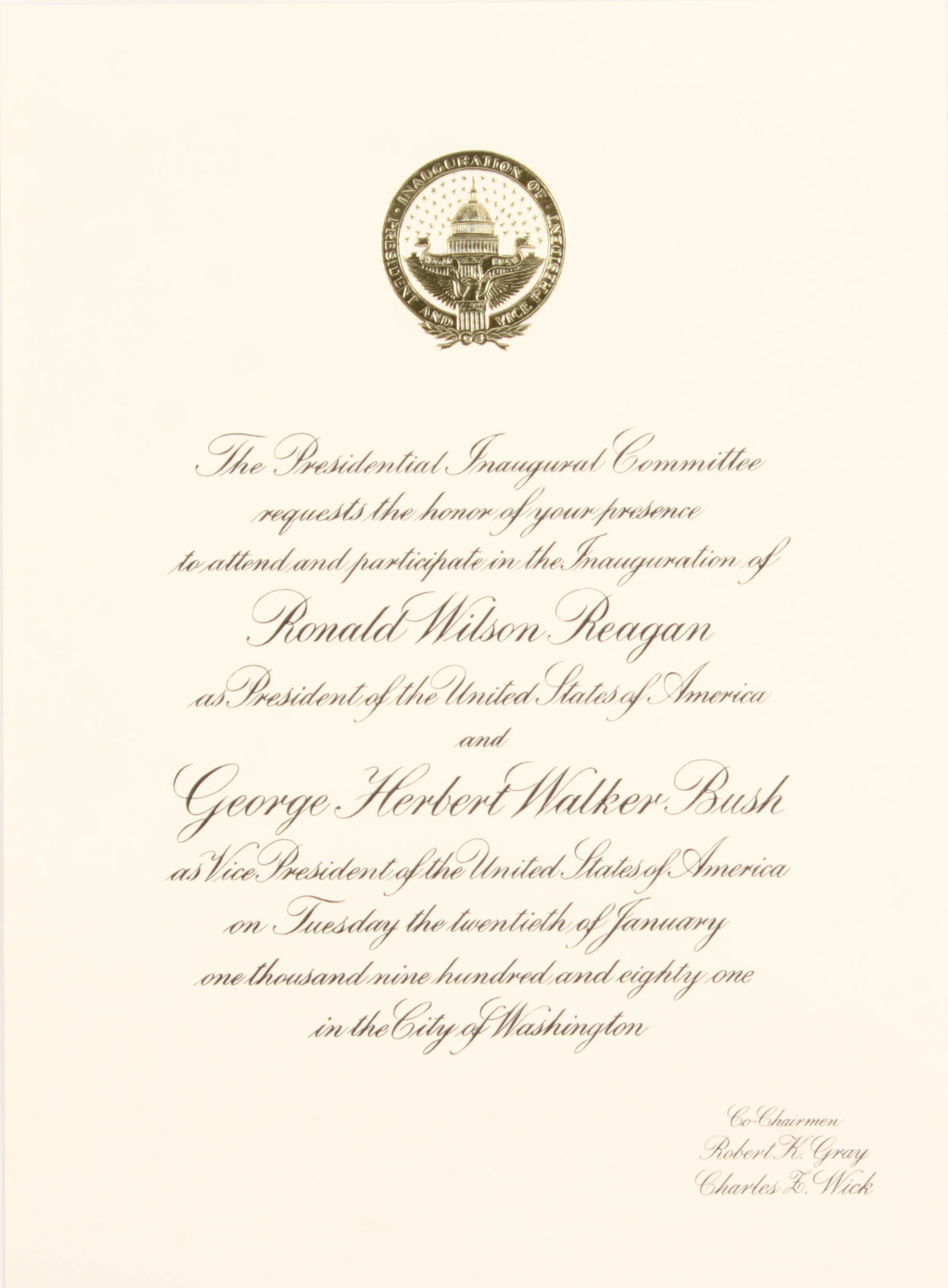 President Ronald Reagan & Vice President George H.W. Bush 1981 Inauguration Invitation Letter at PristineAuction.com President Ronald Reagan & Vice President George H.W. Bush 1981 Inauguration Invitation Letter at PristineAuction.com
