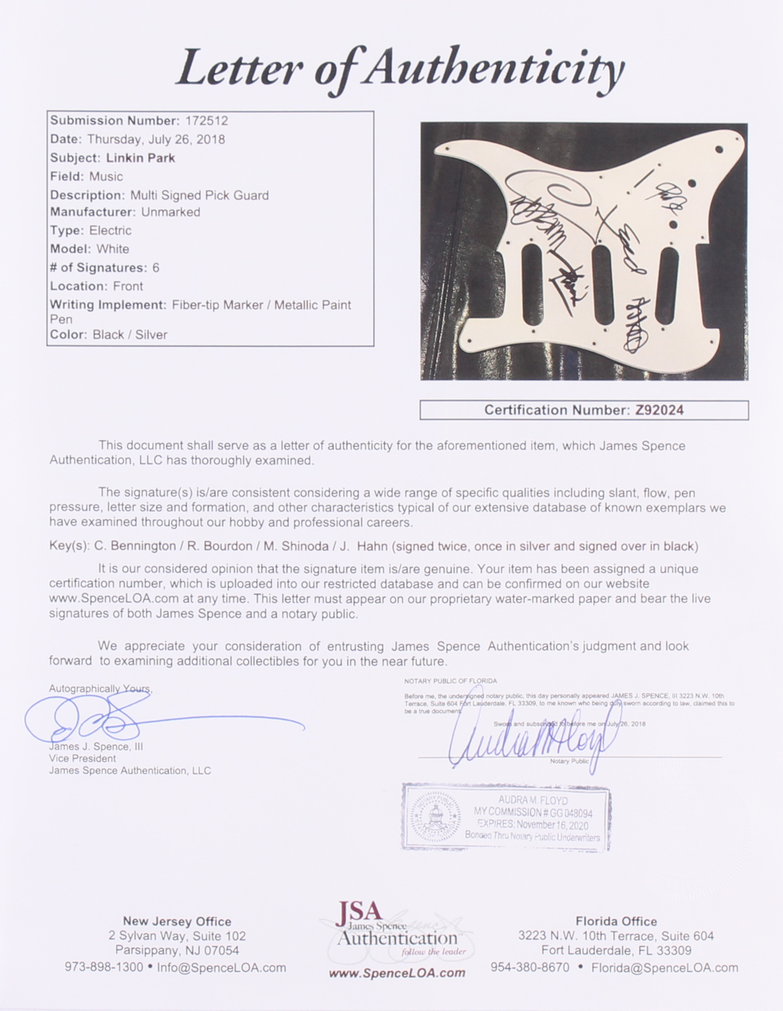 Full-Size Fender Electric Guitar Signed by (5) with Chester Bennington, Rob Bourdon, Mike Shinoda, Joe Hahn (JSA LOA) at PristineAuction.com Full-Size Fender Electric Guitar Signed by (5) with Chester Bennington, Rob Bourdon, Mike Shinoda, Joe Hahn (JSA LOA) at PristineAuction.com