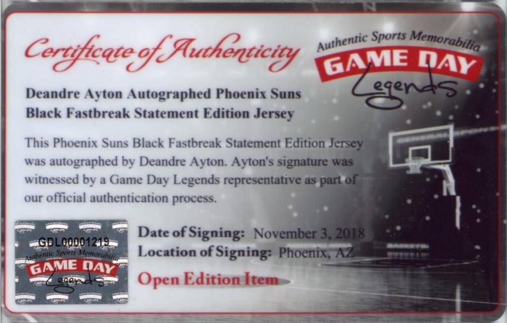 Deandre Ayton Signed Suns Jersey (Game Day Legends COA & Steiner COA) at PristineAuction.com Deandre Ayton Signed Suns Jersey (Game Day Legends COA & Steiner COA) at PristineAuction.com