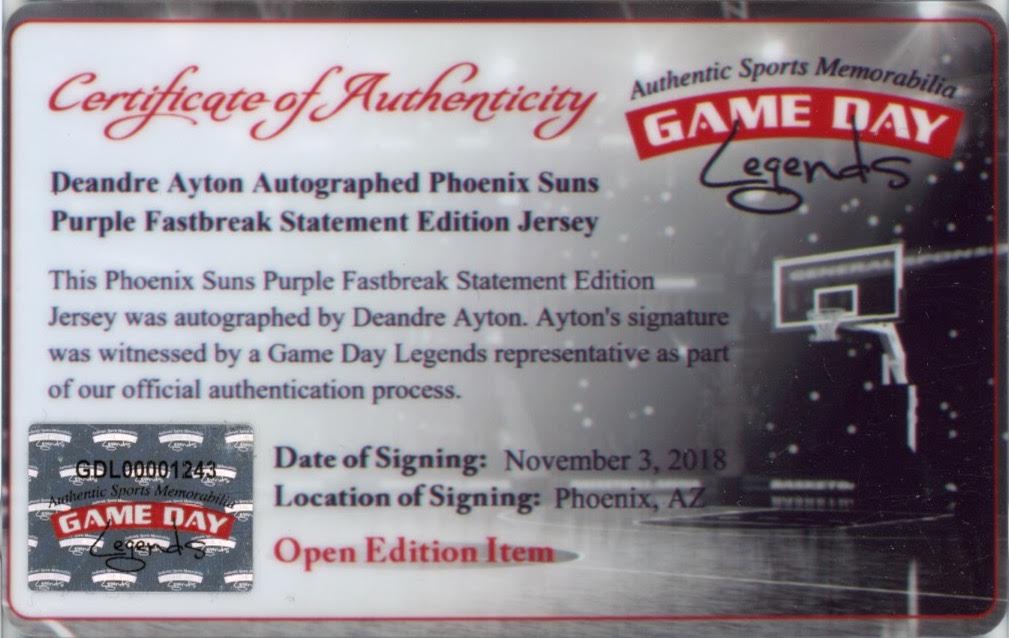 Deandre Ayton Signed Suns Fanatics Jersey (Game Day Legends COA & Steiner COA) at PristineAuction.com Deandre Ayton Signed Suns Fanatics Jersey (Game Day Legends COA & Steiner COA) at PristineAuction.com