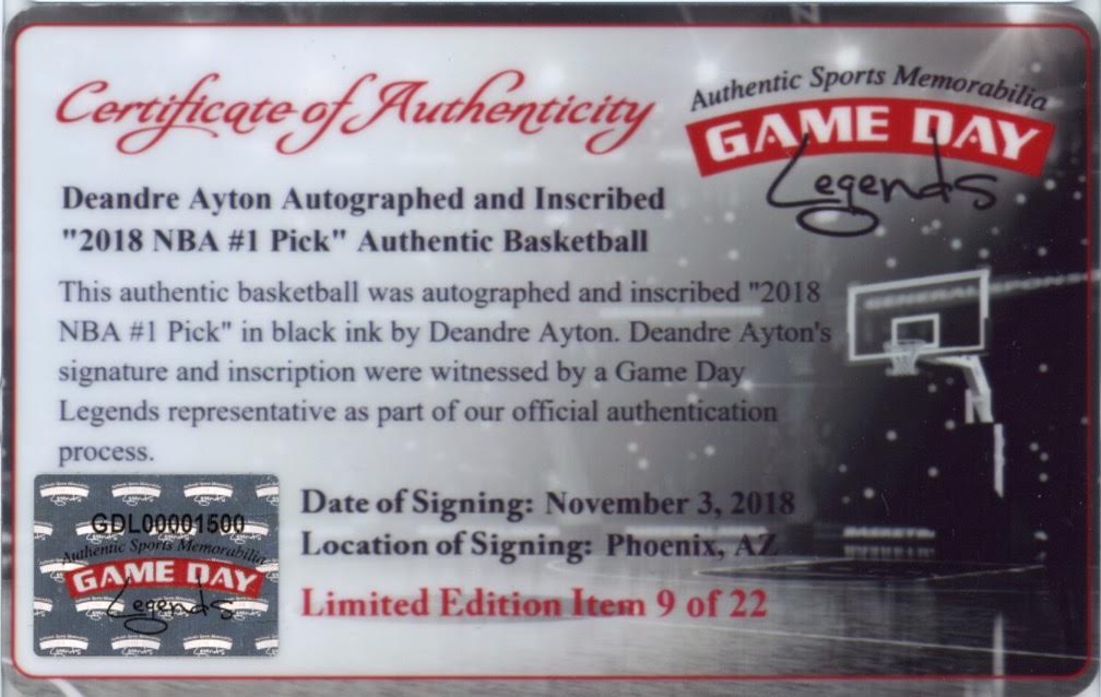 Deandre Ayton Signed LE Official NBA Game Ball Inscribed "2018 NBA #1 Pick" (Game Day Legends & Steiner) at PristineAuction.com Deandre Ayton Signed LE Official NBA Game Ball Inscribed "2018 NBA #1 Pick" (Game Day Legends & Steiner) at PristineAuction.com