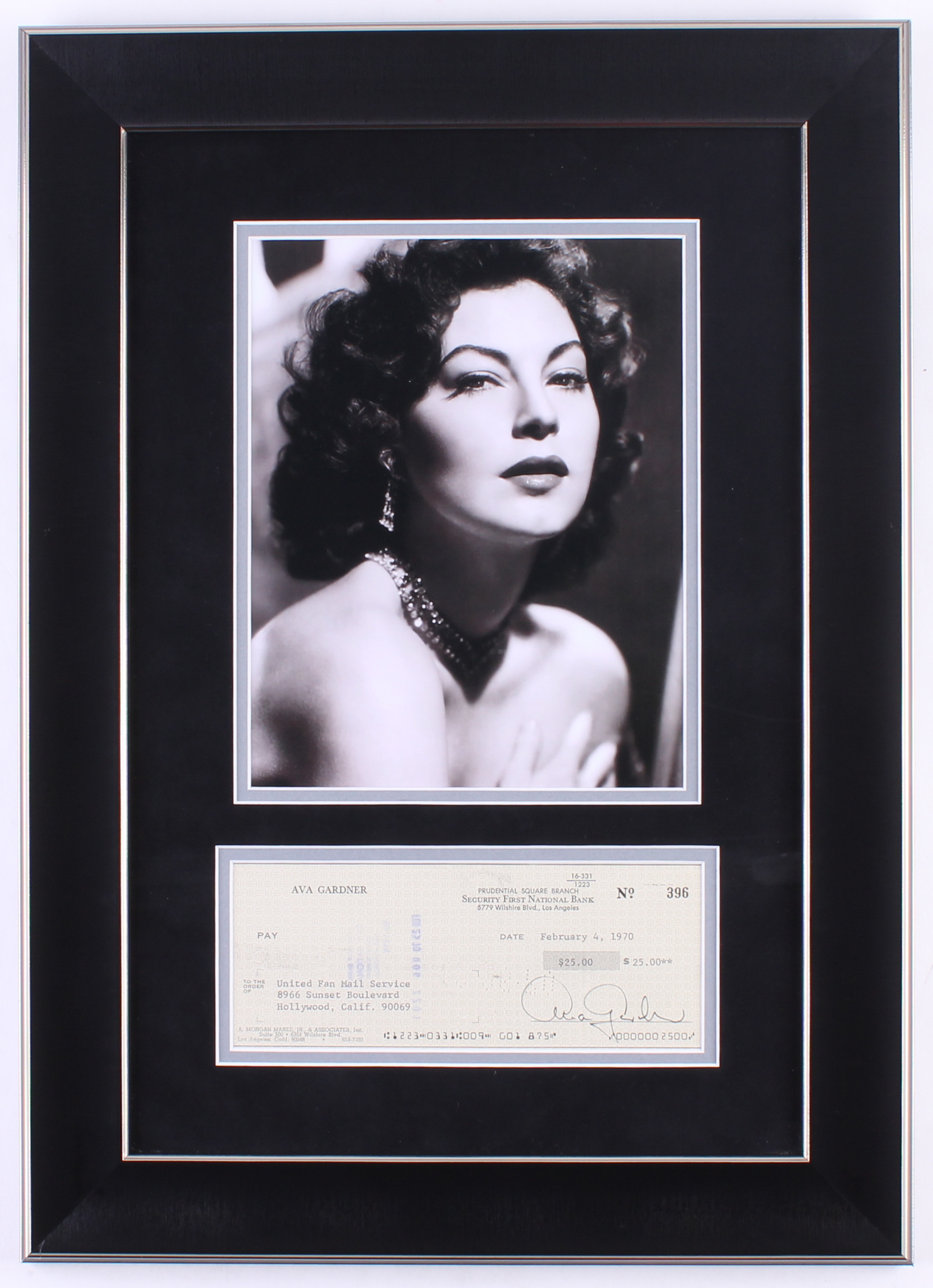 Ava Gardner Signed 15.5x21.5 Custom Framed Check Display with Photo (JSA COA) at PristineAuction.com Ava Gardner Signed 15.5x21.5 Custom Framed Check Display with Photo (JSA COA) at PristineAuction.com
