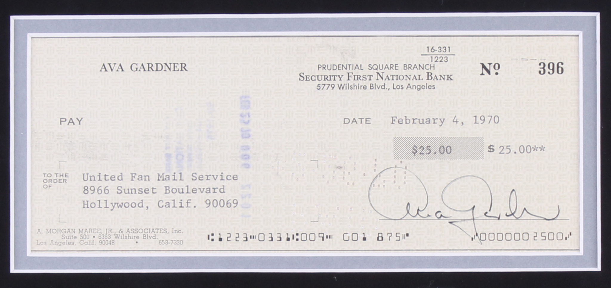 Ava Gardner Signed 15.5x21.5 Custom Framed Check Display with Photo (JSA COA) at PristineAuction.com Ava Gardner Signed 15.5x21.5 Custom Framed Check Display with Photo (JSA COA) at PristineAuction.com