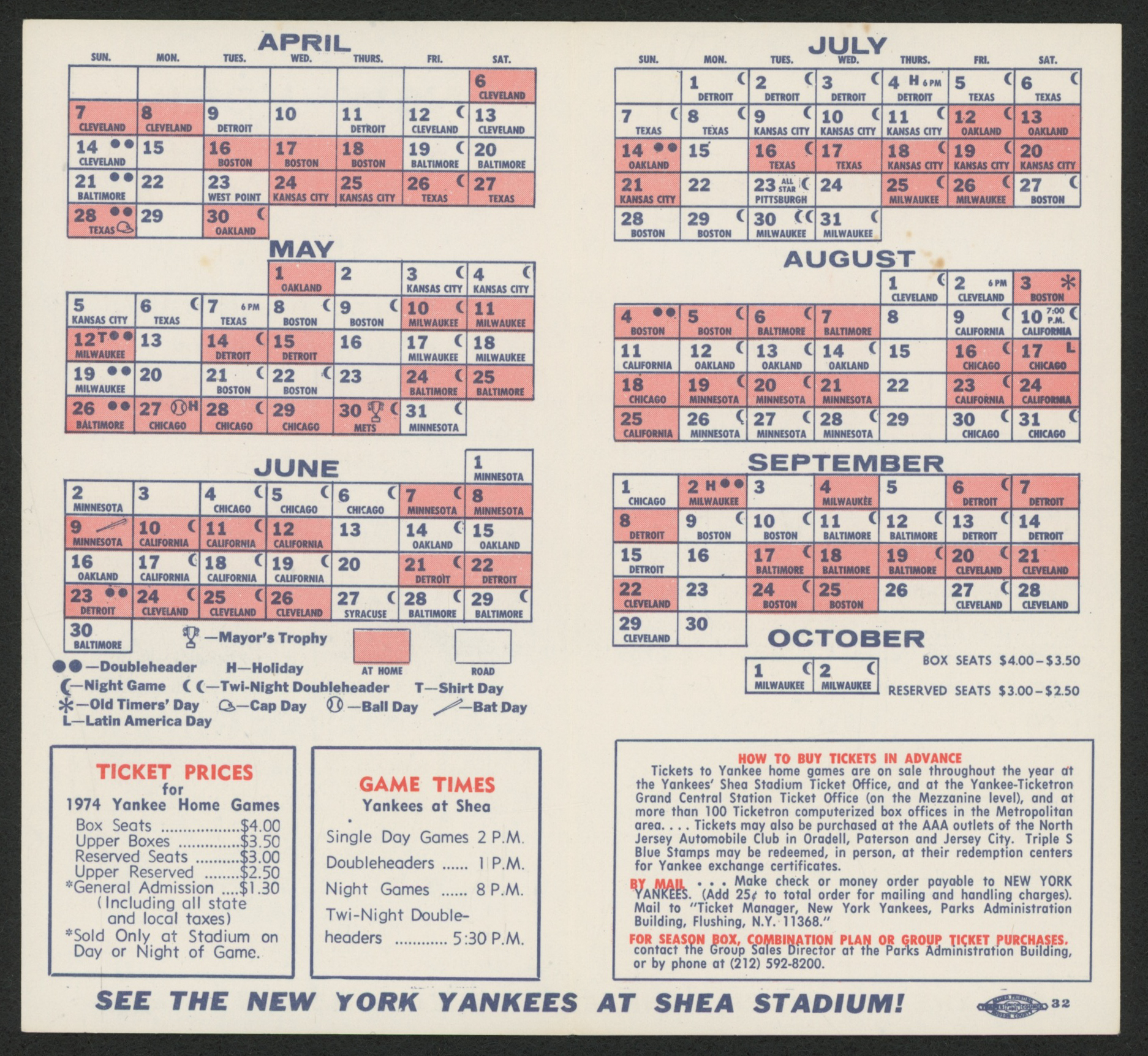 1974 Yankees At Shea Stadium Season Schedule at PristineAuction.com 1974 Yankees At Shea Stadium Season Schedule at PristineAuction.com