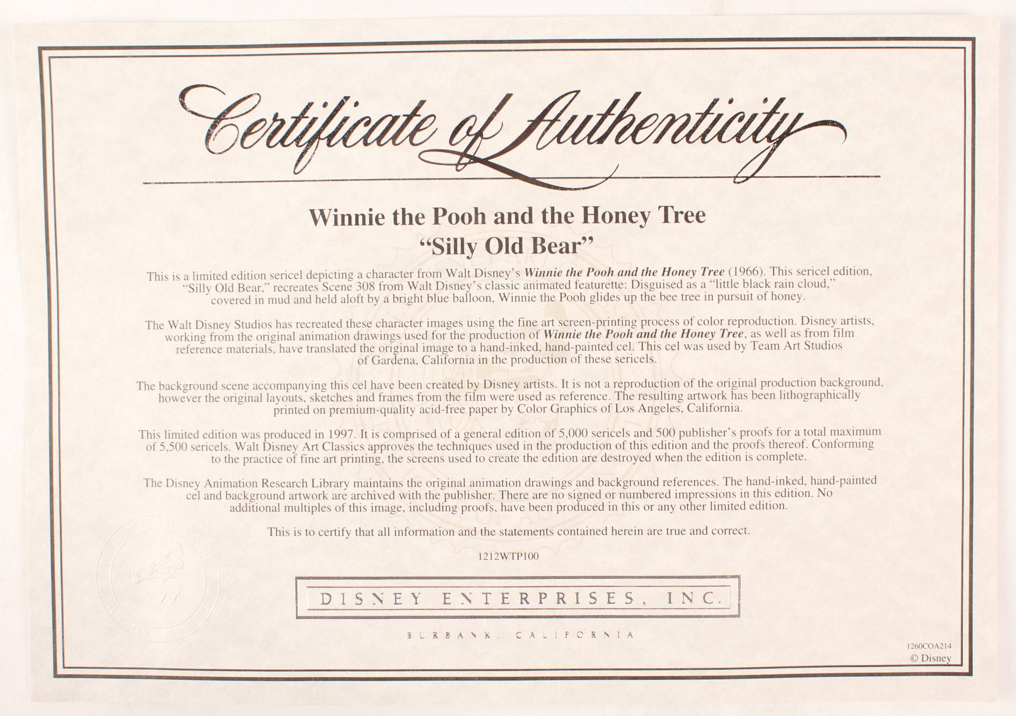 Disney - Winnie the Pooh and the Honey Tree "Silly Old Bear" Limited Edition Animation Sericel (Custom Framed to 17.5x23.5) (Disney COA) at PristineAuction.com Disney - Winnie the Pooh and the Honey Tree "Silly Old Bear" Limited Edition Animation Sericel (Custom Framed to 17.5x23.5) (Disney COA) at PristineAuction.com