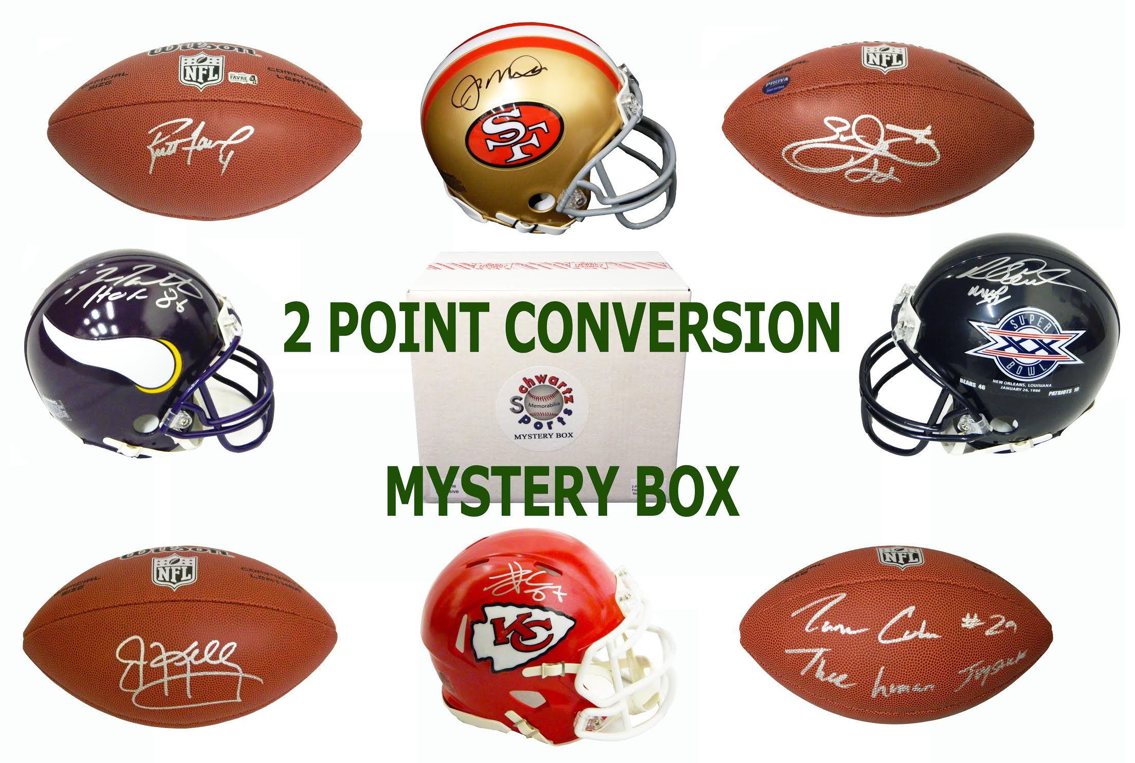 Schwartz Sports 2-Pt Conversion Full Size Football / Mini Helmet Signed Mystery Box - Series 2 (Limited to 75) (Pristine Exclusive Edition) at PristineAuction.com Schwartz Sports 2-Pt Conversion Full Size Football / Mini Helmet Signed Mystery Box - Series 2 (Limited to 75) (Pristine Exclusive Edition) at PristineAuction.com