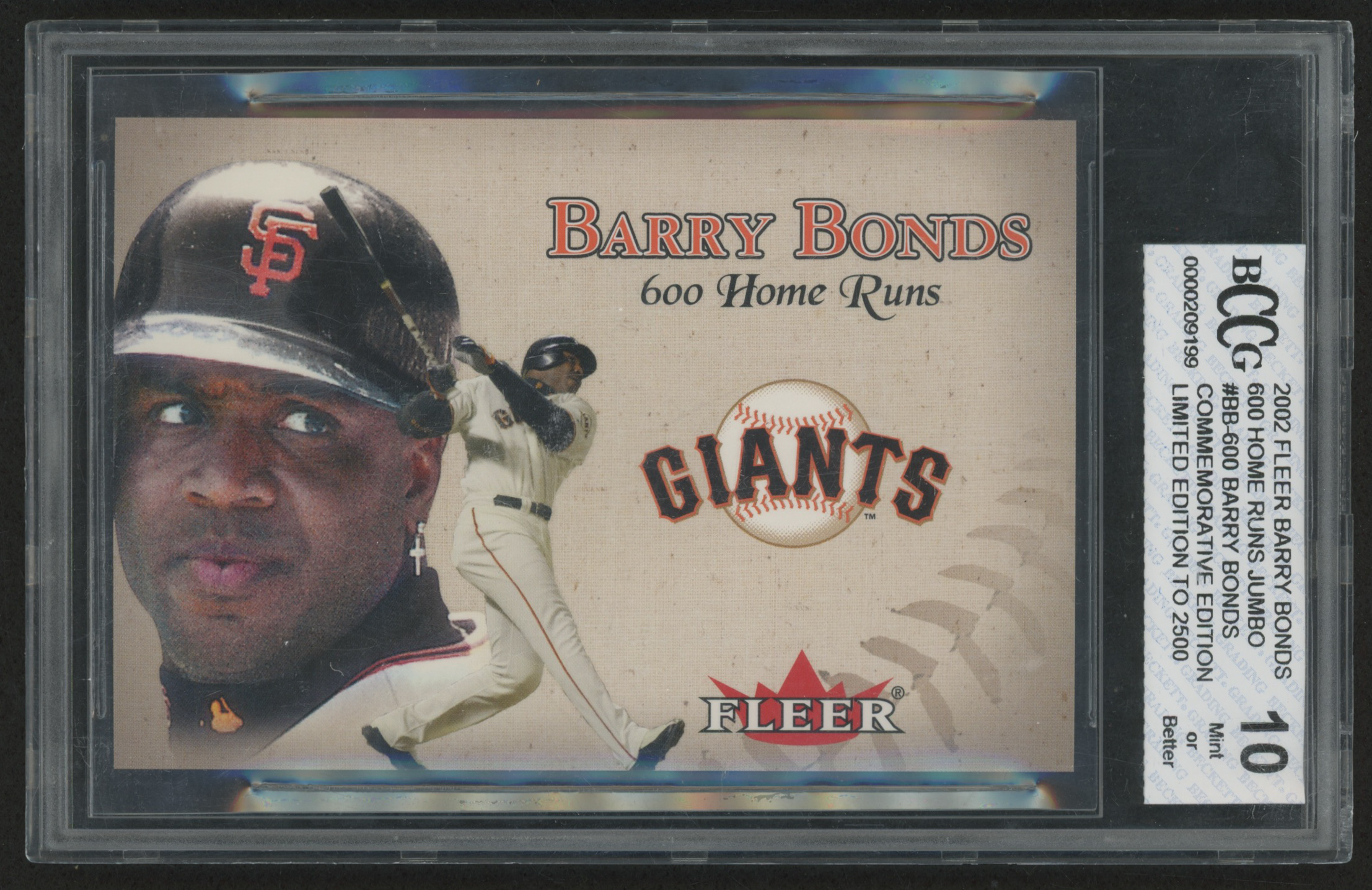 2002 Fleer Barry Bonds 600 Home Run Jumbo #BB600 Barry Bonds (BCCG 10) at PristineAuction.com 2002 Fleer Barry Bonds 600 Home Run Jumbo #BB600 Barry Bonds (BCCG 10) at PristineAuction.com