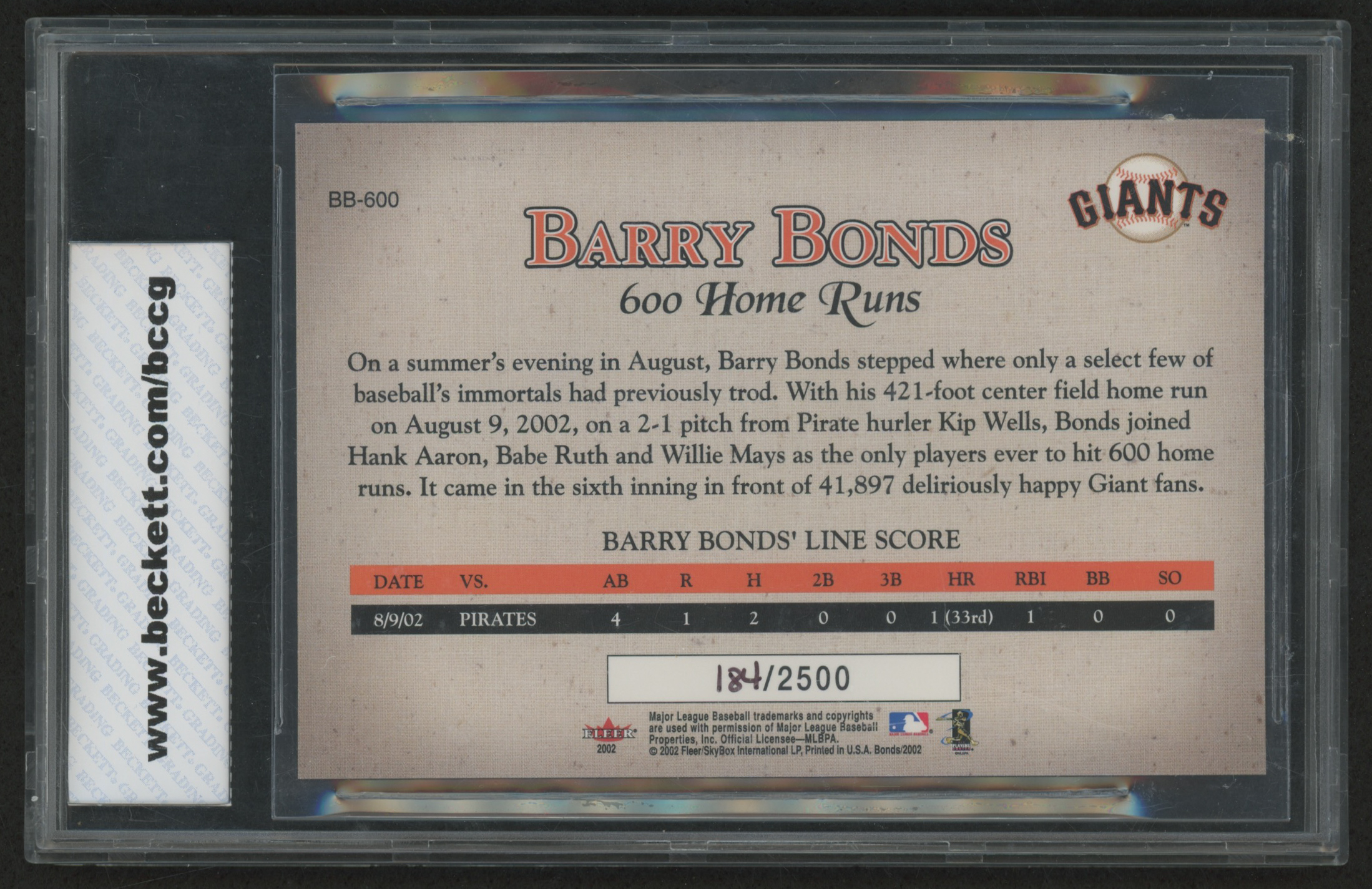 2002 Fleer Barry Bonds 600 Home Run Jumbo #BB600 Barry Bonds (BCCG 10) at PristineAuction.com 2002 Fleer Barry Bonds 600 Home Run Jumbo #BB600 Barry Bonds (BCCG 10) at PristineAuction.com