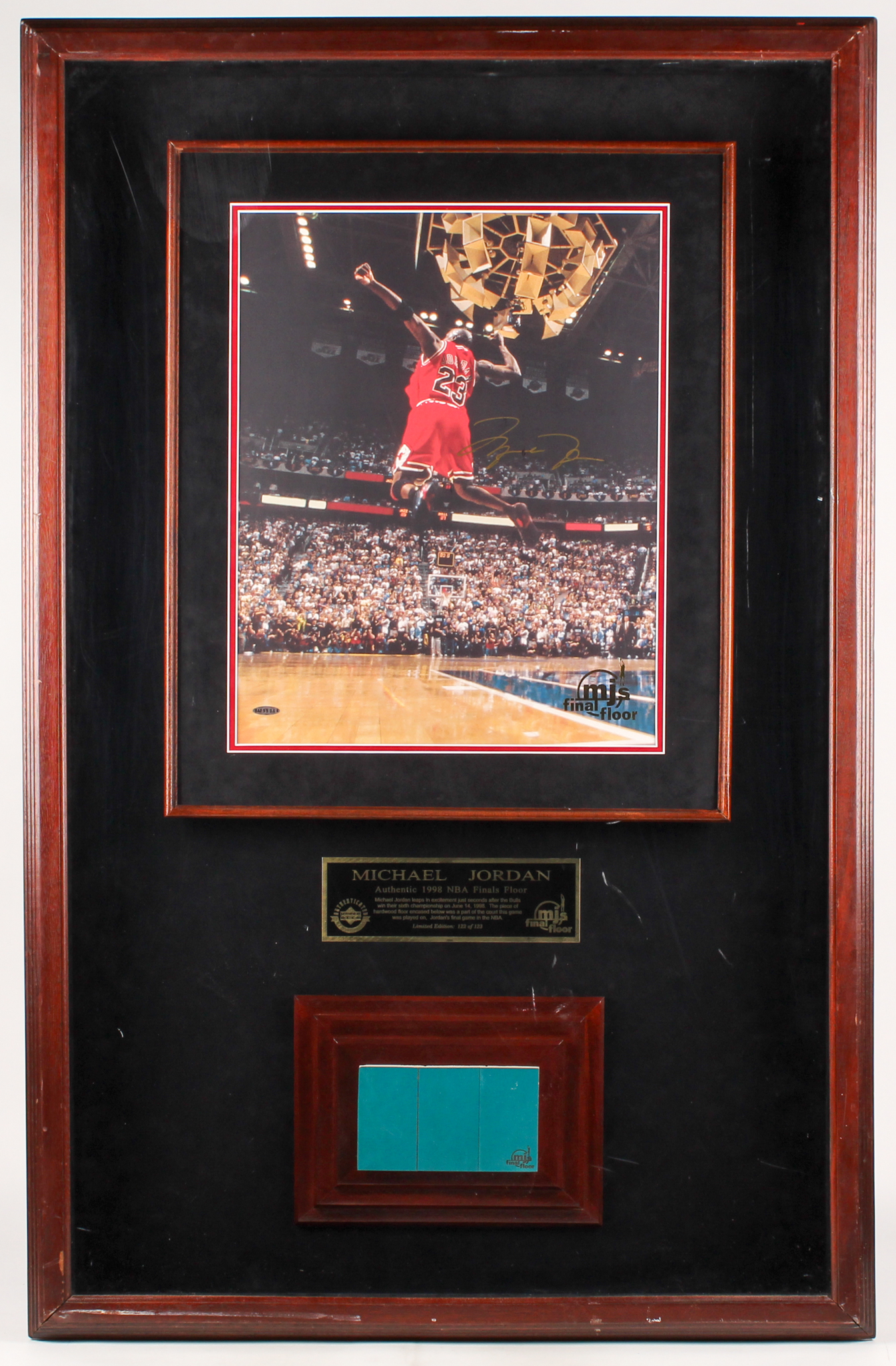 Michael Jordan Signed LE Bulls 31x48x5 Custom Framed Shadowbox Display with 1998 Game-Used NBA Finals Floor Piece (UDA Hologram) at PristineAuction.com Michael Jordan Signed LE Bulls 31x48x5 Custom Framed Shadowbox Display with 1998 Game-Used NBA Finals Floor Piece (UDA Hologram) at PristineAuction.com