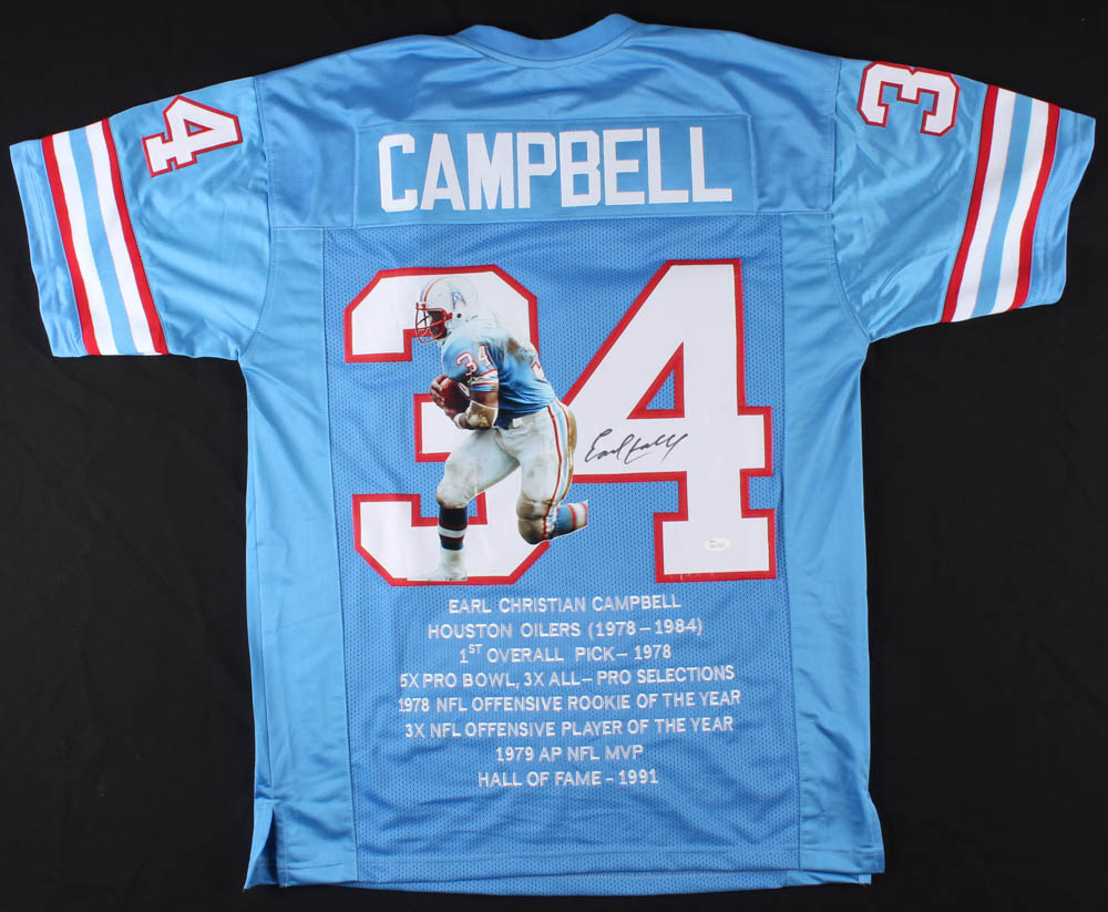 Earl Campbell Signed Oilers Career Highlights Stats Jersey with Custom Printed Photo (JSA COA) at PristineAuction.com Earl Campbell Signed Oilers Career Highlights Stats Jersey with Custom Printed Photo (JSA COA) at PristineAuction.com