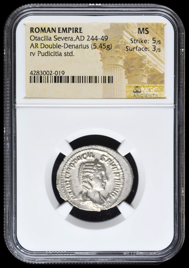 244-49 AD Roman Empire Otacilia Severa AR (Silver) Double-Denarius (5.45g) rv Pudicitia Standing (NGC MS) Strike: 5/5, Surface: 3/5 at PristineAuction.com 244-49 AD Roman Empire Otacilia Severa AR (Silver) Double-Denarius (5.45g) rv Pudicitia Standing (NGC MS) Strike: 5/5, Surface: 3/5 at PristineAuction.com