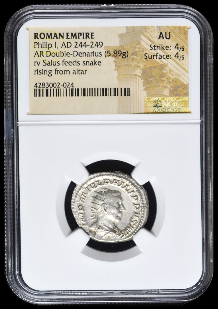 244-249 AD Roman Empire Philip I AR (Silver) Double-Denarius (5.89g) rv Salus Feeds Snake Rising From Altar (NGC AU) Strike: 4/5, Surface: 4/5 at PristineAuction.com 244-249 AD Roman Empire Philip I AR (Silver) Double-Denarius (5.89g) rv Salus Feeds Snake Rising From Altar (NGC AU) Strike: 4/5, Surface: 4/5 at PristineAuction.com