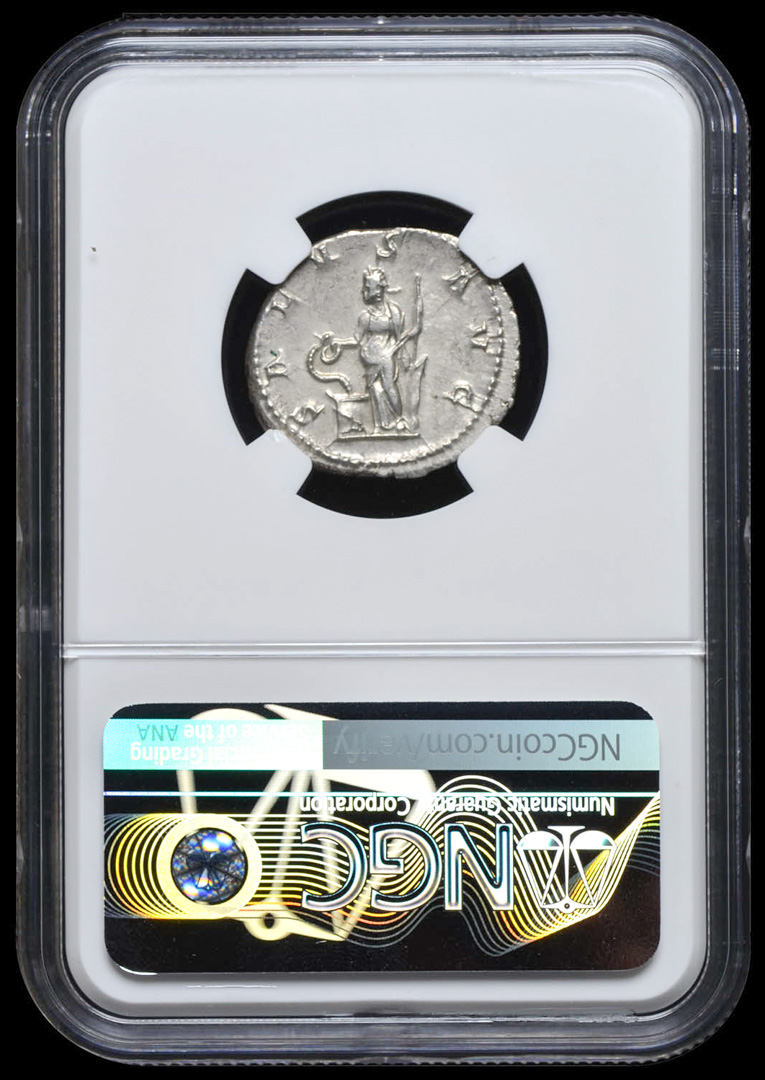 244-249 AD Roman Empire Philip I AR (Silver) Double-Denarius (5.89g) rv Salus Feeds Snake Rising From Altar (NGC AU) Strike: 4/5, Surface: 4/5 at PristineAuction.com 244-249 AD Roman Empire Philip I AR (Silver) Double-Denarius (5.89g) rv Salus Feeds Snake Rising From Altar (NGC AU) Strike: 4/5, Surface: 4/5 at PristineAuction.com