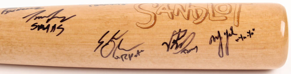 "The Sandlot" Young Bat Company Baseball bat signed by (6) with Tom Guiry, Chauncey Leopardi, Marty York, Shane Obedzinski (Fiterman Hologram) at PristineAuction.com "The Sandlot" Young Bat Company Baseball bat signed by (6) with Tom Guiry, Chauncey Leopardi, Marty York, Shane Obedzinski (Fiterman Hologram) at PristineAuction.com