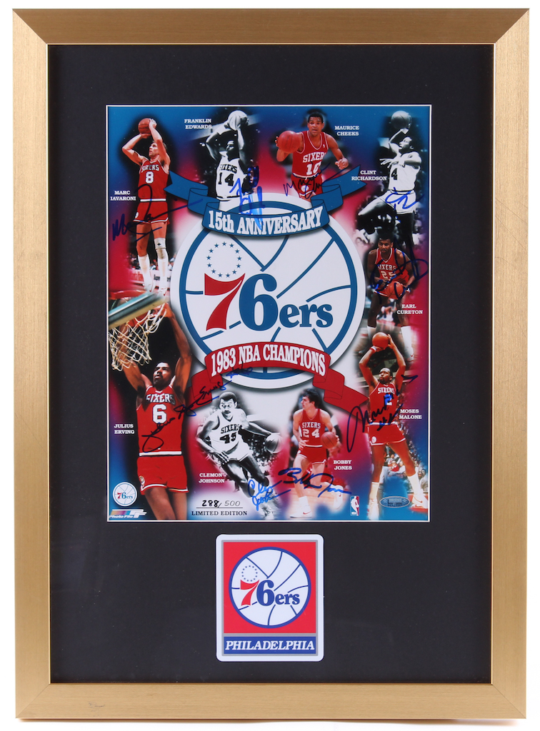 1983 NBA Champion 76ers Signed 17x23.5 Custom Framed Photo Display Team-Signed by (9) with Julius Erving, Moses Malone, Maurice Cheeks, Bobby Jones, Clint Richardson (TriStar Hologram & JSA ALOA) at PristineAuction.com 1983 NBA Champion 76ers Signed 17x23.5 Custom Framed Photo Display Team-Signed by (9) with Julius Erving, Moses Malone, Maurice Cheeks, Bobby Jones, Clint Richardson (TriStar Hologram & JSA ALOA) at PristineAuction.com