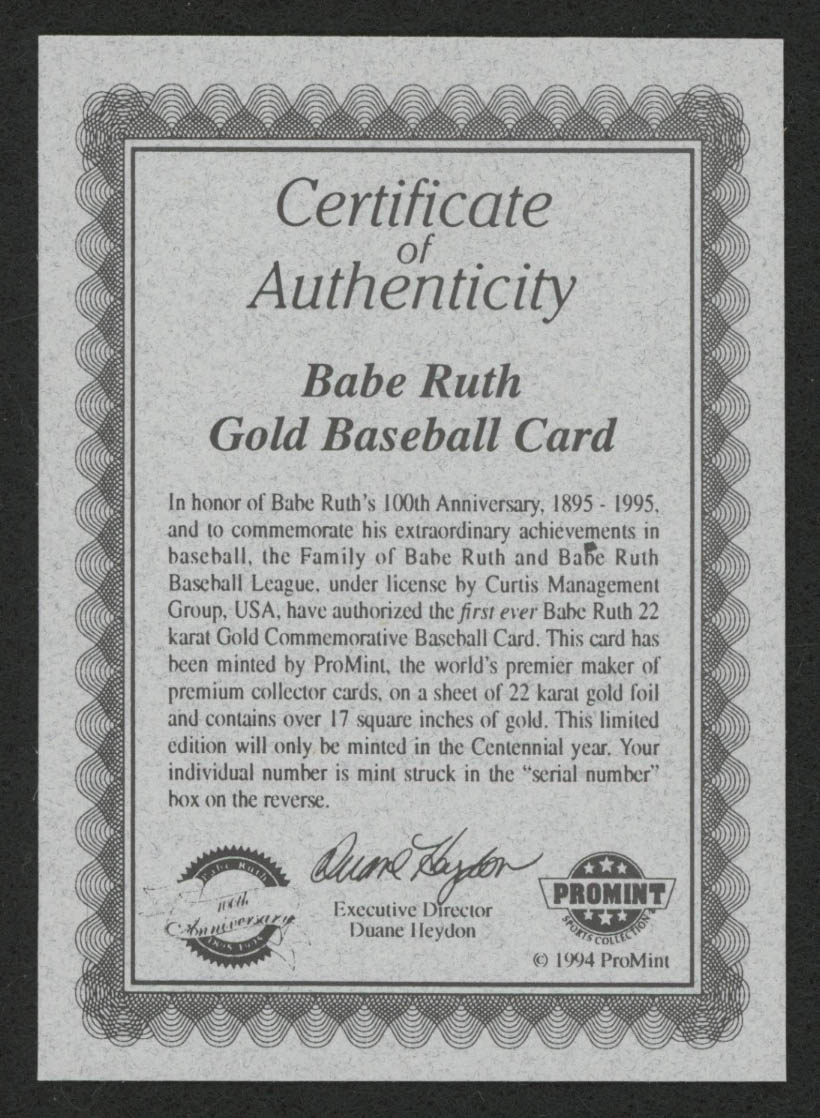 Babe Ruth 22kt Gold ProMint Card at PristineAuction.com Babe Ruth 22kt Gold ProMint Card at PristineAuction.com