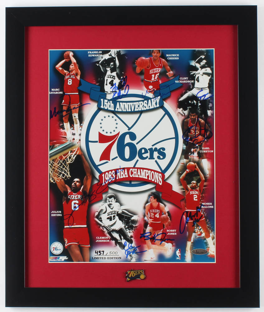 1983 NBA Champion 76ers Signed LE 16x19 Custom Framed Photo Team-Signed by (8) with Julius Erving, Moses Malone, Maurice Cheeks, Bobby Jones, Clint Richardson (TriStar Hologram) at PristineAuction.com 1983 NBA Champion 76ers Signed LE 16x19 Custom Framed Photo Team-Signed by (8) with Julius Erving, Moses Malone, Maurice Cheeks, Bobby Jones, Clint Richardson (TriStar Hologram) at PristineAuction.com
