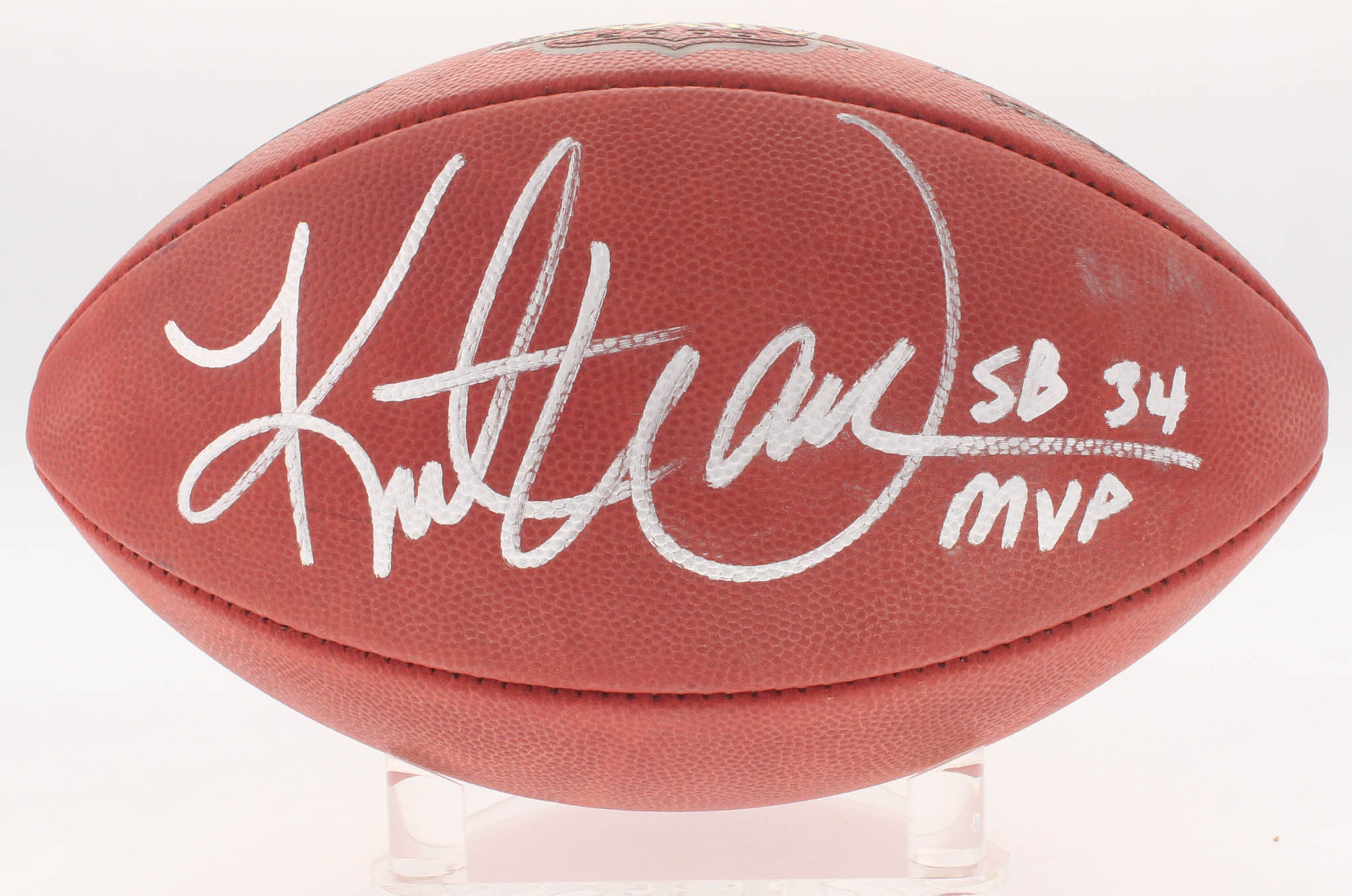 Kurt Warner Signed Super Bowl XXXIV Authentic Football Inscribed "SB 34 MVP" (Radtke COA & Warner Hologram) at PristineAuction.com Kurt Warner Signed Super Bowl XXXIV Authentic Football Inscribed "SB 34 MVP" (Radtke COA & Warner Hologram) at PristineAuction.com