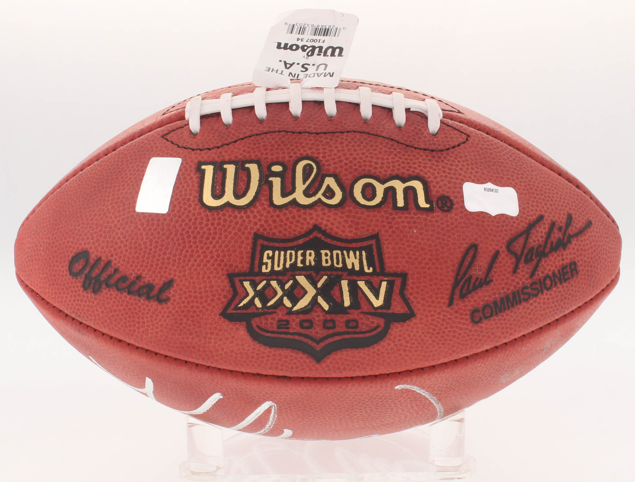 Kurt Warner Signed Super Bowl XXXIV Authentic Football Inscribed "SB 34 MVP" (Radtke COA & Warner Hologram) at PristineAuction.com Kurt Warner Signed Super Bowl XXXIV Authentic Football Inscribed "SB 34 MVP" (Radtke COA & Warner Hologram) at PristineAuction.com