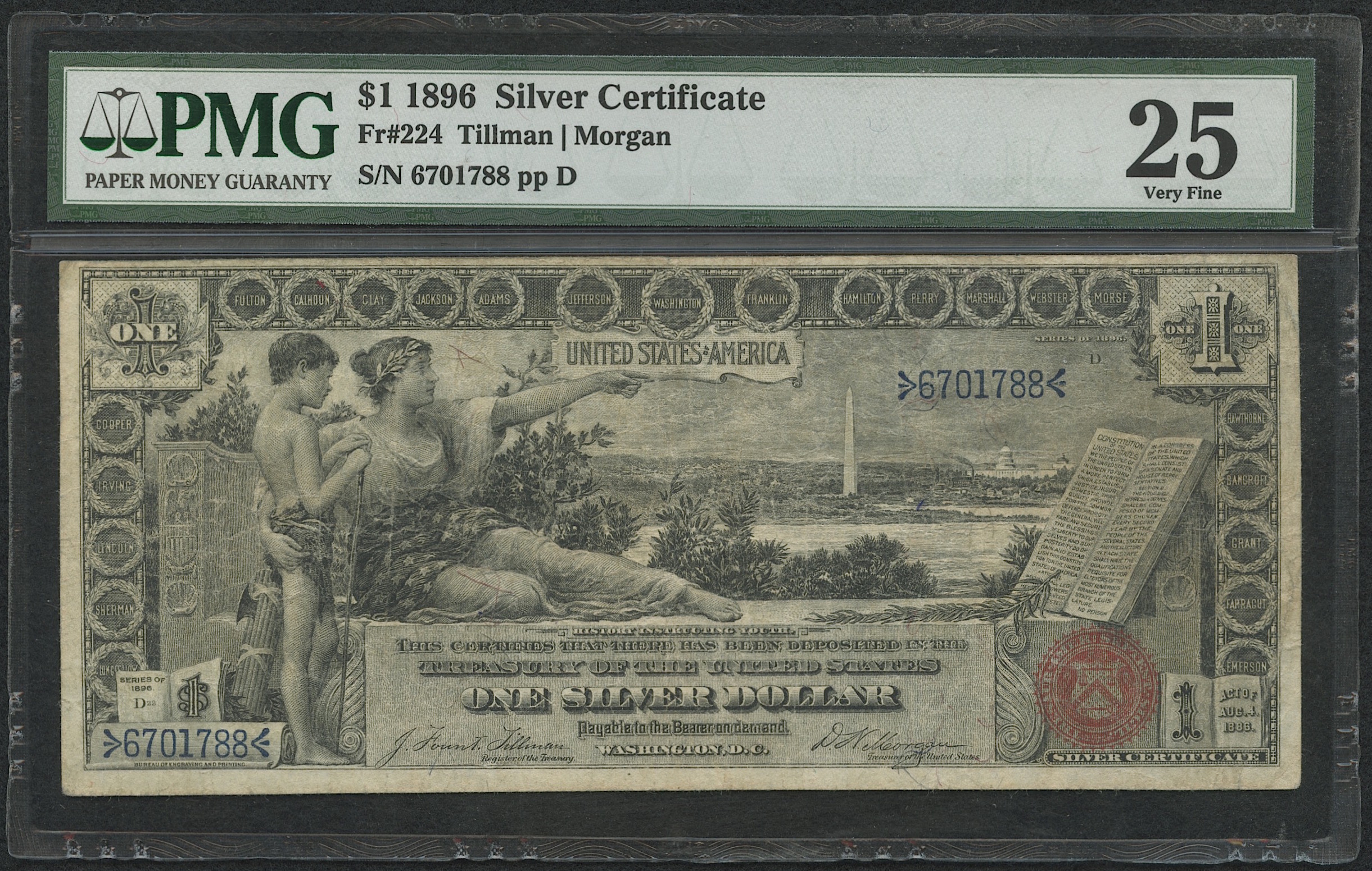 1896 $1 One Dollar "Educational Series" U.S. Silver Certificate Large Size Currency Bank Note Fr #224 (PMG 25) at PristineAuction.com 1896 $1 One Dollar "Educational Series" U.S. Silver Certificate Large Size Currency Bank Note Fr #224 (PMG 25) at PristineAuction.com