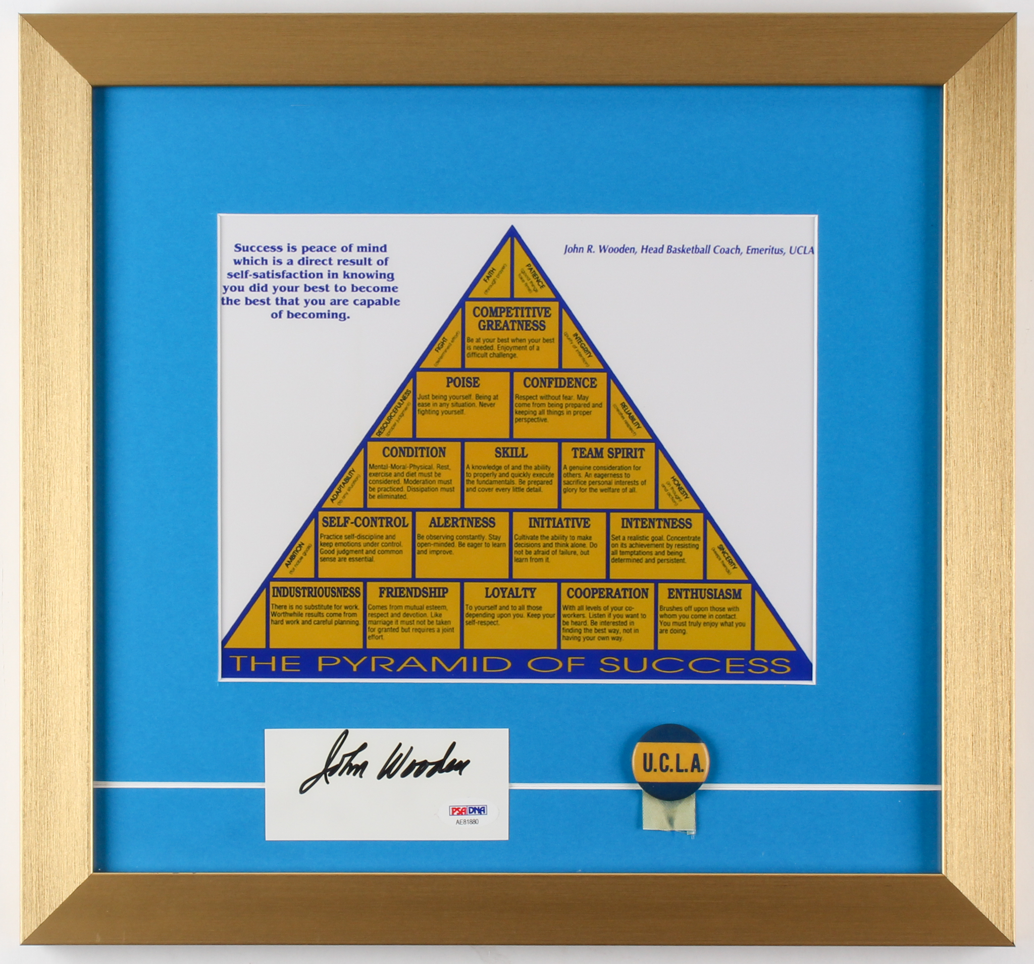 John Wooden Signed "The Pyramid of Success" 15x16 Custom Framed Cut Display with Vintage UCLA Button (PSA COA) at PristineAuction.com John Wooden Signed "The Pyramid of Success" 15x16 Custom Framed Cut Display with Vintage UCLA Button (PSA COA) at PristineAuction.com