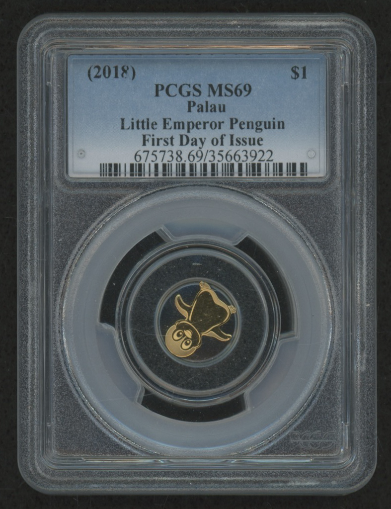 2018 Palau Little Emperor Penguin $1 One Dollar 1/2 Gram .9999 Fine Gold Coin (PCGS MS69) (First Day Issue) at PristineAuction.com 2018 Palau Little Emperor Penguin $1 One Dollar 1/2 Gram .9999 Fine Gold Coin (PCGS MS69) (First Day Issue) at PristineAuction.com