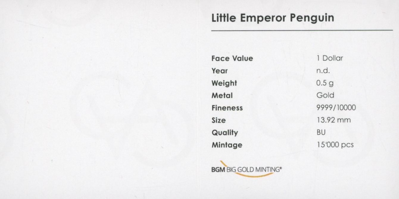 2018 Palau Little Emperor Penguin $1 One Dollar 1/2 Gram .9999 Fine Gold Coin (PCGS MS69) (First Day Issue) at PristineAuction.com 2018 Palau Little Emperor Penguin $1 One Dollar 1/2 Gram .9999 Fine Gold Coin (PCGS MS69) (First Day Issue) at PristineAuction.com