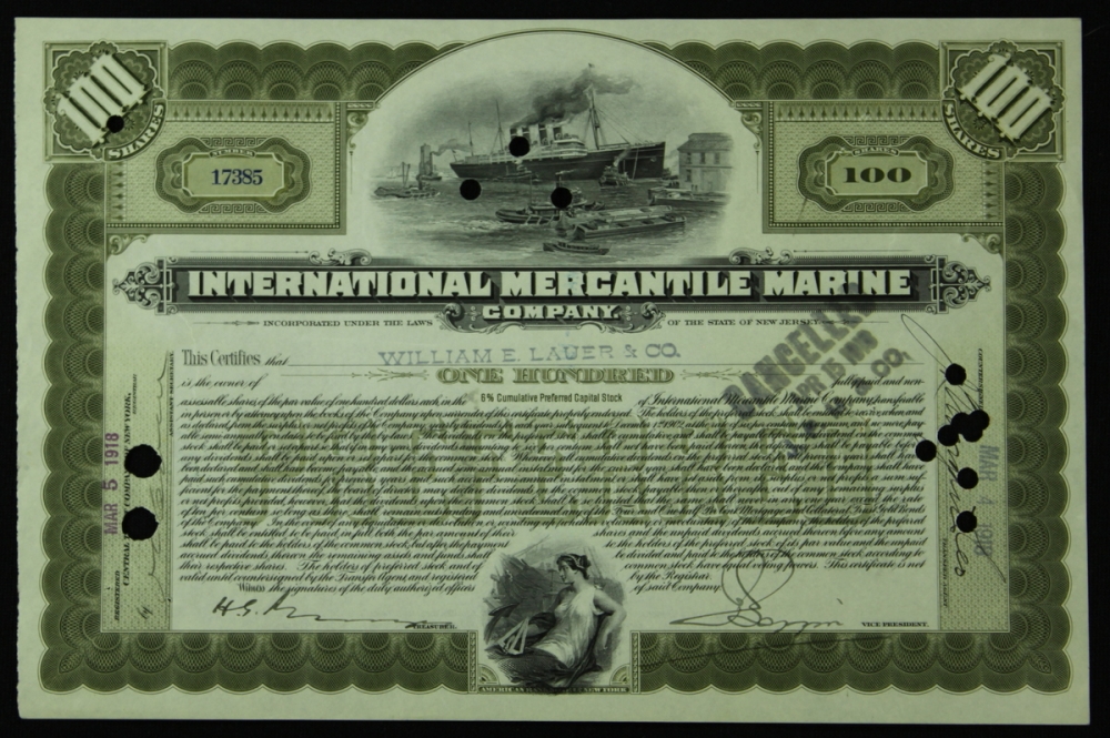 Authentic Titanic 100 Shares Preferred Stock Certificate from