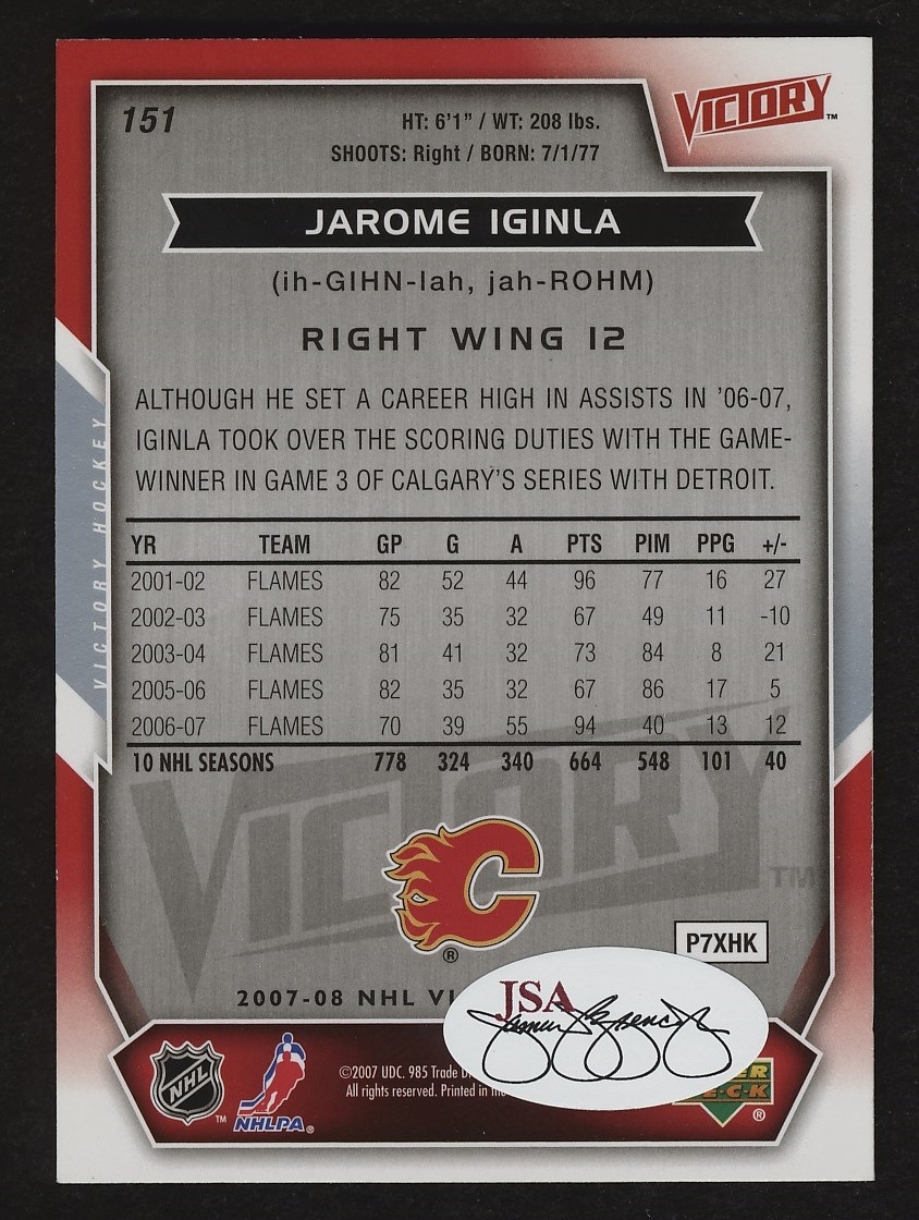 Jarome Iginla Signed Hockey Card (JSA) at PristineAuction.com Jarome Iginla Signed Hockey Card (JSA) at PristineAuction.com