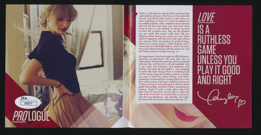 Taylor Swift Signed "Red" CD Cover (JSA COA) Pristine Auction