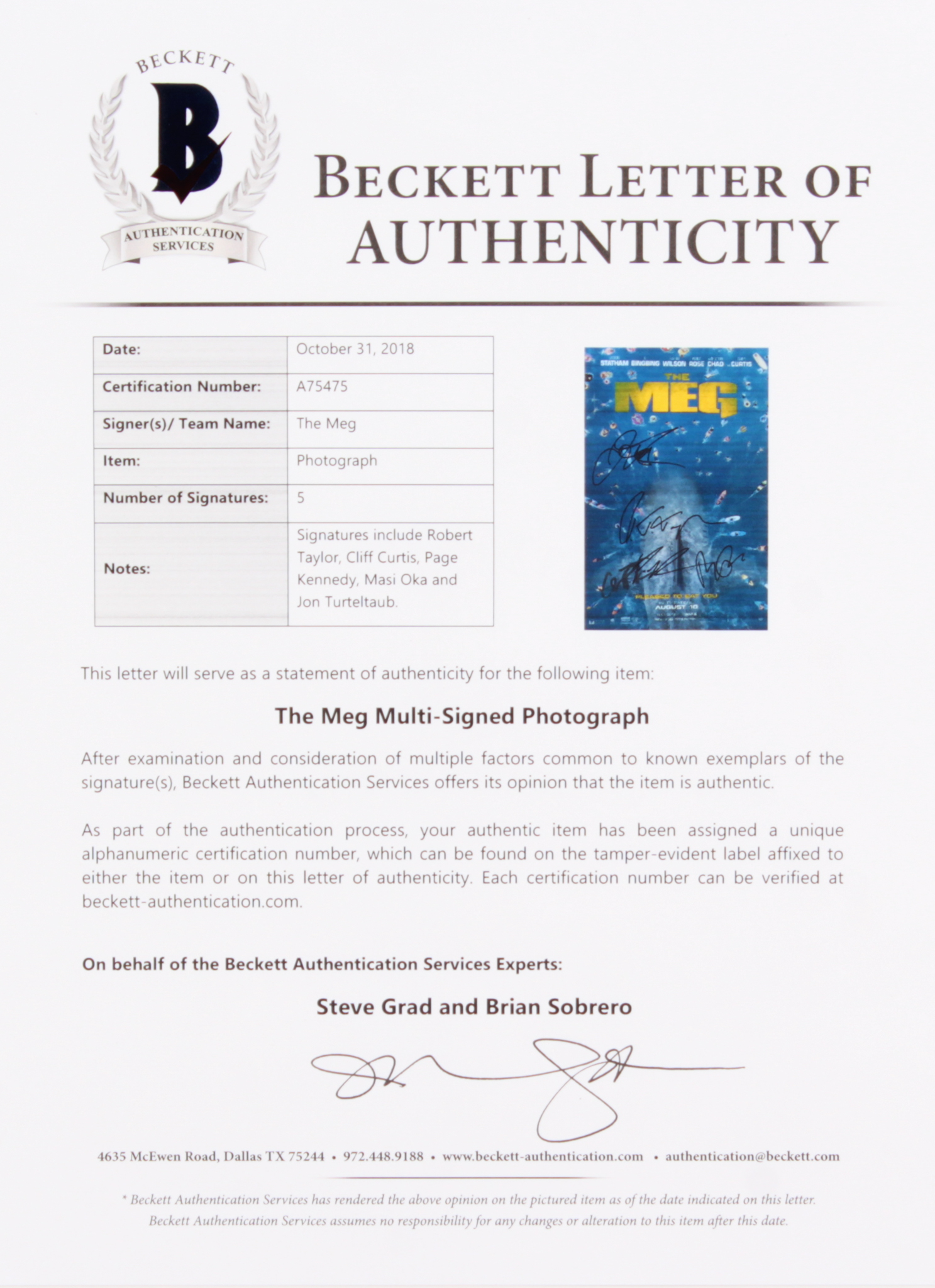 "The Meg" 11x17 Movie Poster Cast-Signed By (5) with Jon Turteltaub, Cliff Curtis, Page Kennedy, Masi Oka & Robert Taylor (Beckett LOA) at PristineAuction.com "The Meg" 11x17 Movie Poster Cast-Signed By (5) with Jon Turteltaub, Cliff Curtis, Page Kennedy, Masi Oka & Robert Taylor (Beckett LOA) at PristineAuction.com