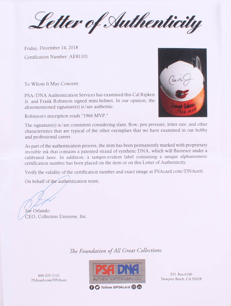 Frank Robinson & Cal Ripken Jr. Signed Orioles Mini-Batting Helmet Inscribed "1966 MVP" With Display Case (PSA LOA) at PristineAuction.com Frank Robinson & Cal Ripken Jr. Signed Orioles Mini-Batting Helmet Inscribed "1966 MVP" With Display Case (PSA LOA) at PristineAuction.com