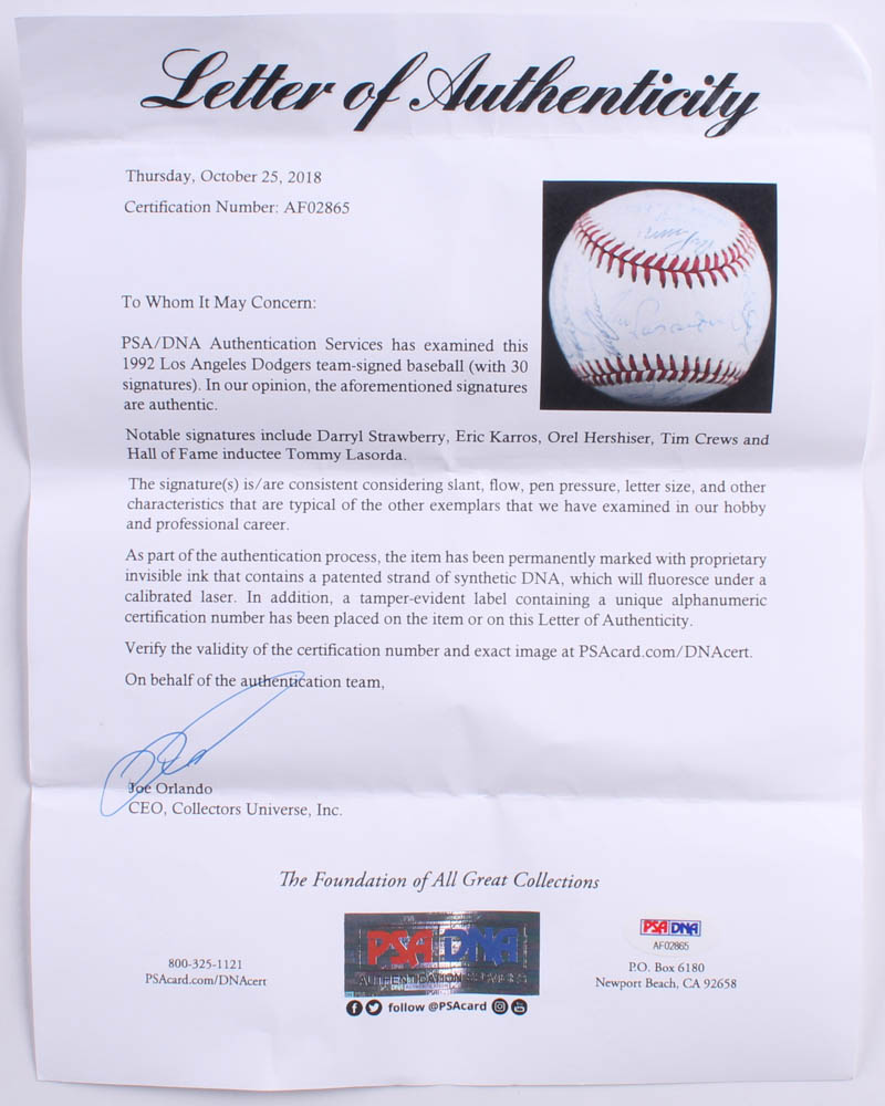 1992 Los Angeles Dodgers Team-Signed ONL Baseball Signed by (30) with Darryl Strawberry, Eric Karros, Orel Hershiser, Tim Crews, and Tommy Lasorda with High-Quality Display Case (PSA LOA) at PristineAuction.com 1992 Los Angeles Dodgers Team-Signed ONL Baseball Signed by (30) with Darryl Strawberry, Eric Karros, Orel Hershiser, Tim Crews, and Tommy Lasorda with High-Quality Display Case (PSA LOA) at PristineAuction.com