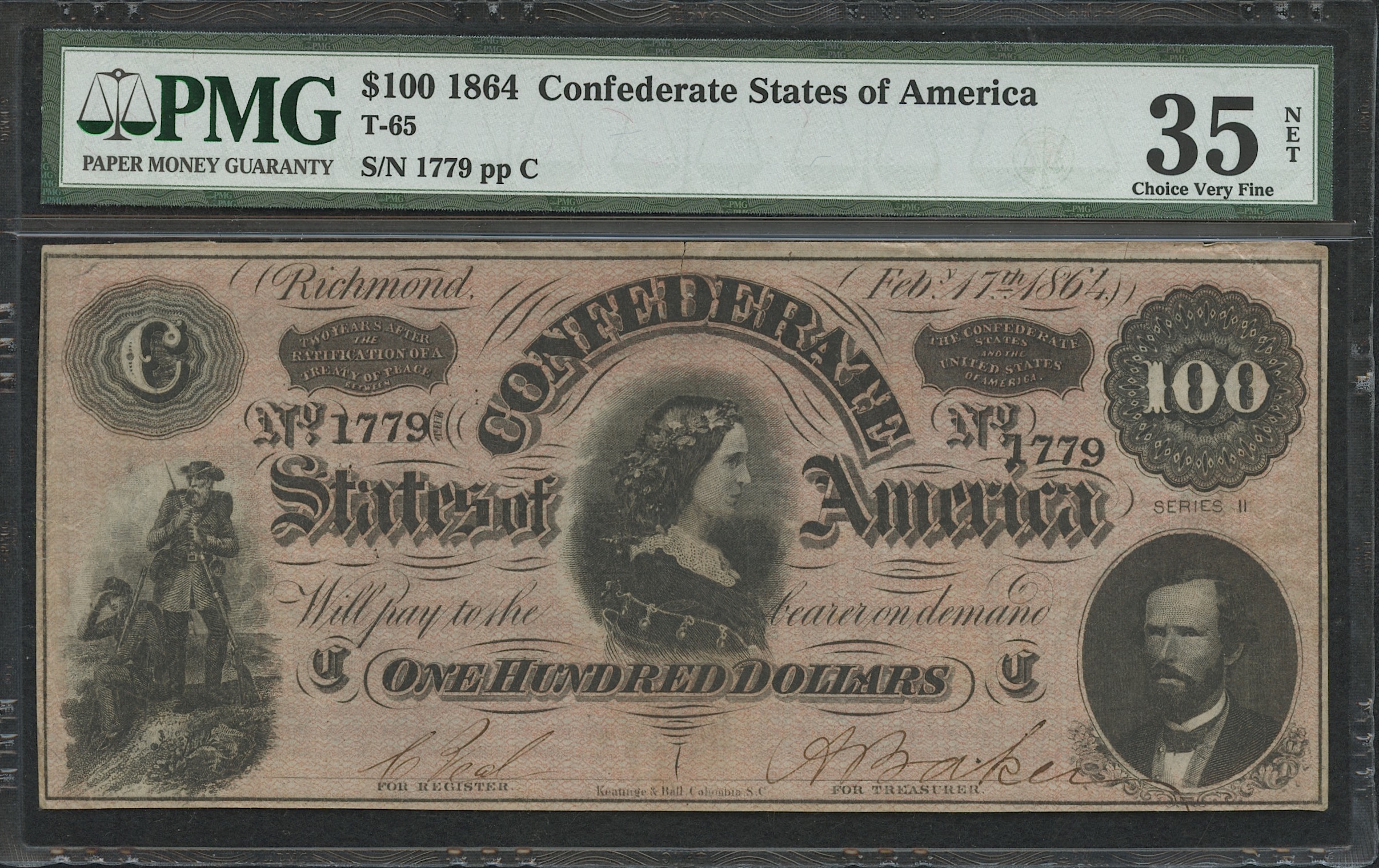 1864 $100 One Hundred Dollars Confederate States of America Richmond CSA Bank Note Bill (T-65) (PMG 35) at PristineAuction.com 1864 $100 One Hundred Dollars Confederate States of America Richmond CSA Bank Note Bill (T-65) (PMG 35) at PristineAuction.com