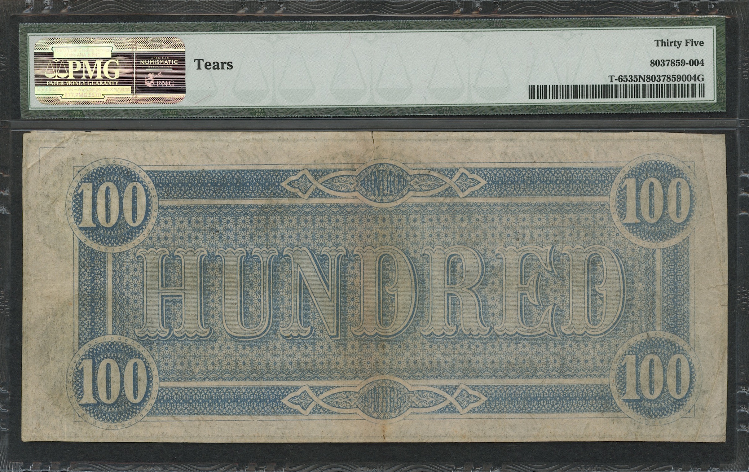 1864 $100 One Hundred Dollars Confederate States of America Richmond CSA Bank Note Bill (T-65) (PMG 35) at PristineAuction.com 1864 $100 One Hundred Dollars Confederate States of America Richmond CSA Bank Note Bill (T-65) (PMG 35) at PristineAuction.com