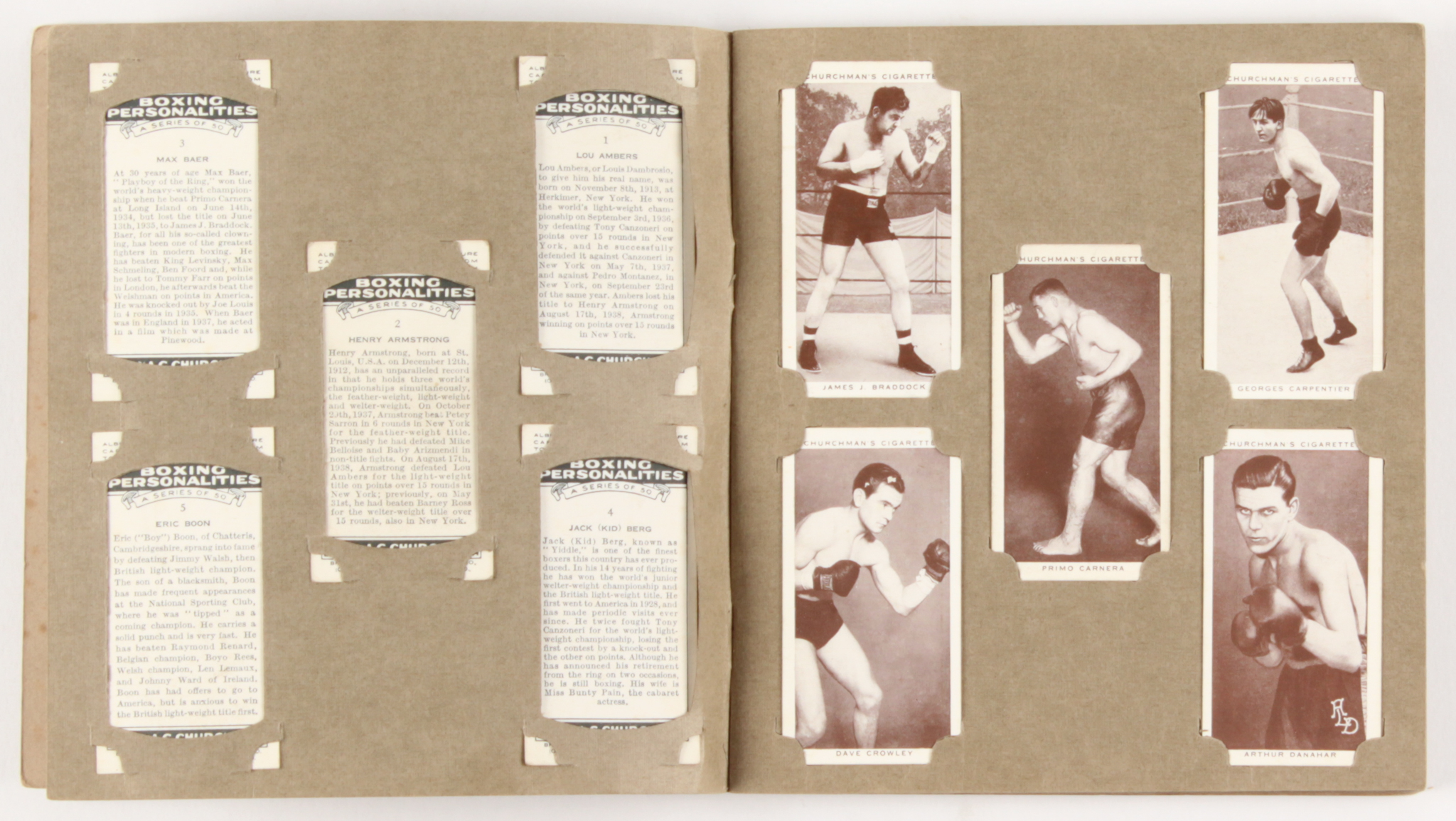 Complete Set of (50) 1938 Churchman's Cigarettes Boxing Cards with Album at PristineAuction.com Complete Set of (50) 1938 Churchman's Cigarettes Boxing Cards with Album at PristineAuction.com
