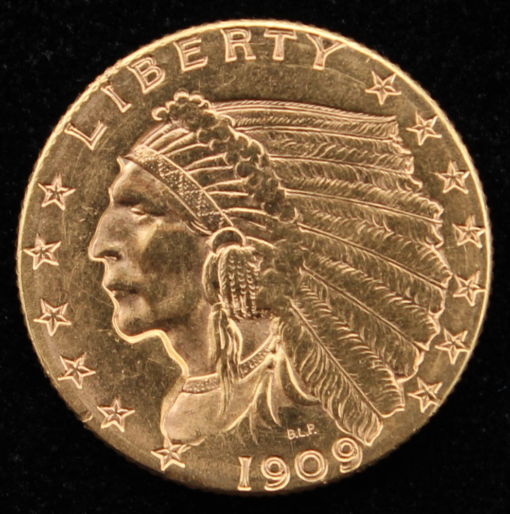 1909 2.5 Indian Head Quarter Eagle Gold Coin Pristine Auction