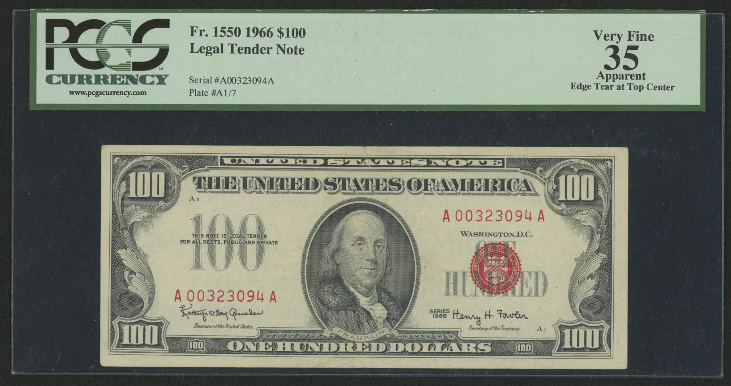 1966 $100 One Hundred Dollars U.S. Legal Tender Note (PCGS 35, Apparent) at PristineAuction.com 1966 $100 One Hundred Dollars U.S. Legal Tender Note (PCGS 35, Apparent) at PristineAuction.com