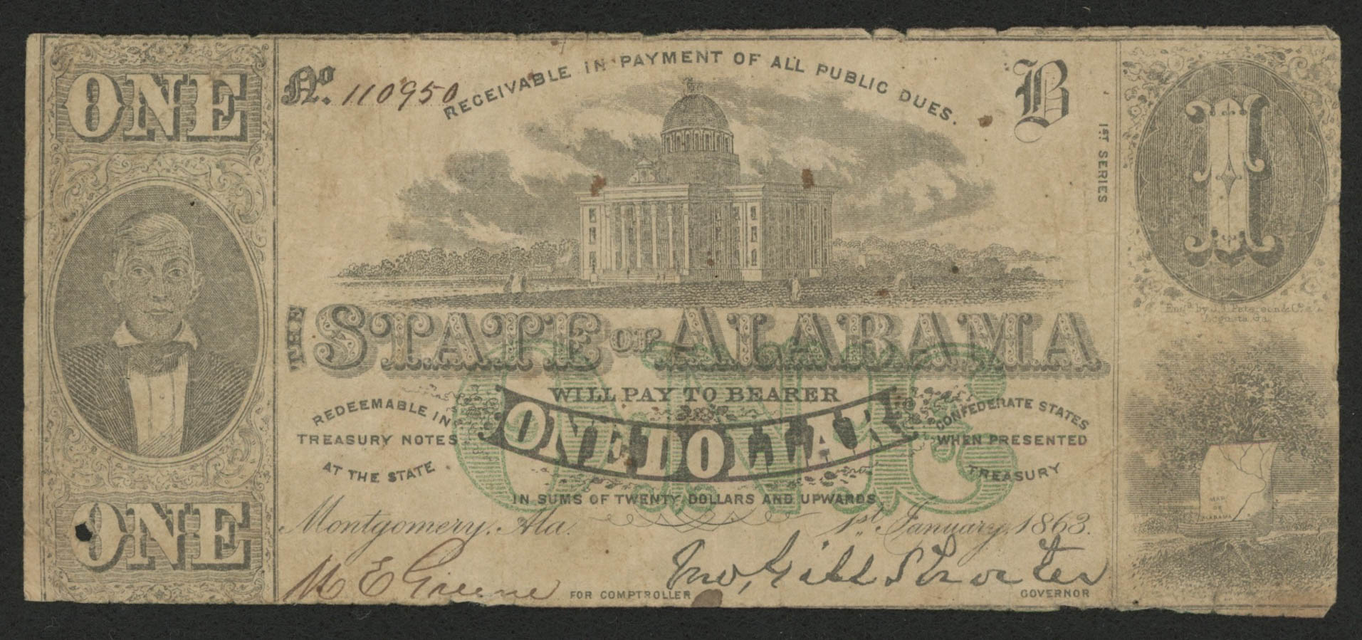 1863 $1 One Dollar - The State of Alabama Bank Note at PristineAuction.com 1863 $1 One Dollar - The State of Alabama Bank Note at PristineAuction.com