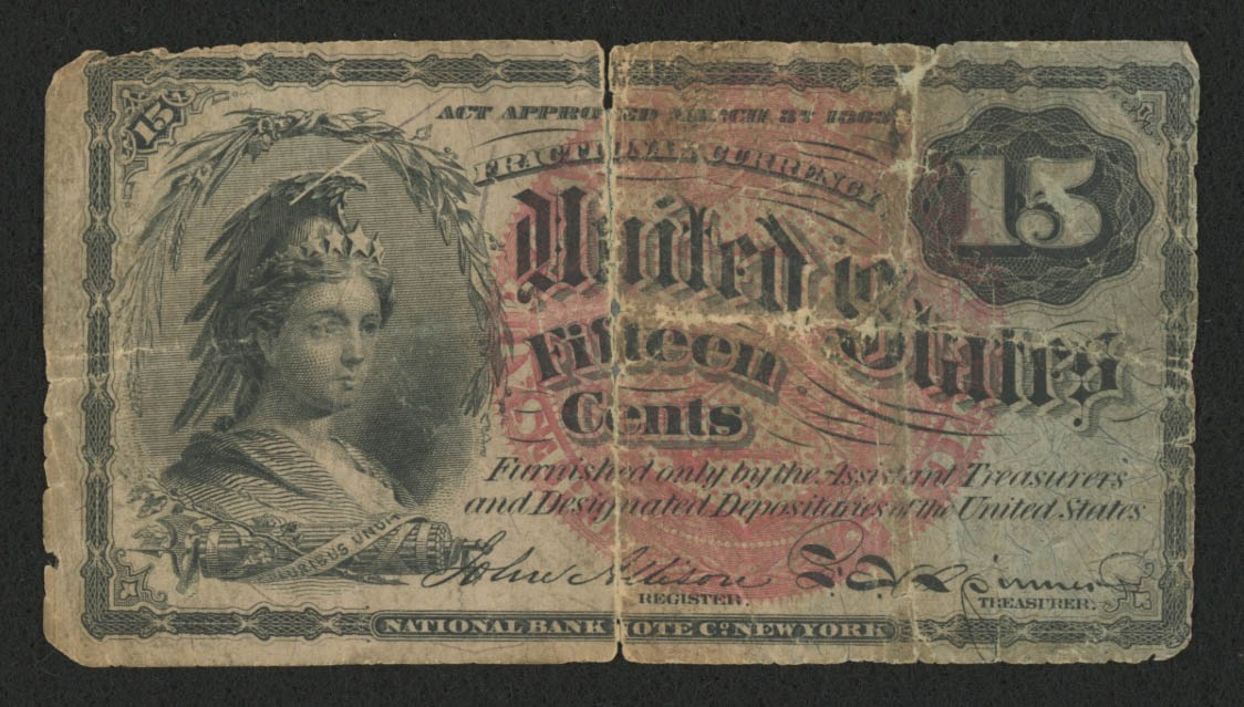 1863 United States 15¢ Fifteen Cents Fractional Bank Note Bill (Fourth Issue) at PristineAuction.com 1863 United States 15¢ Fifteen Cents Fractional Bank Note Bill (Fourth Issue) at PristineAuction.com
